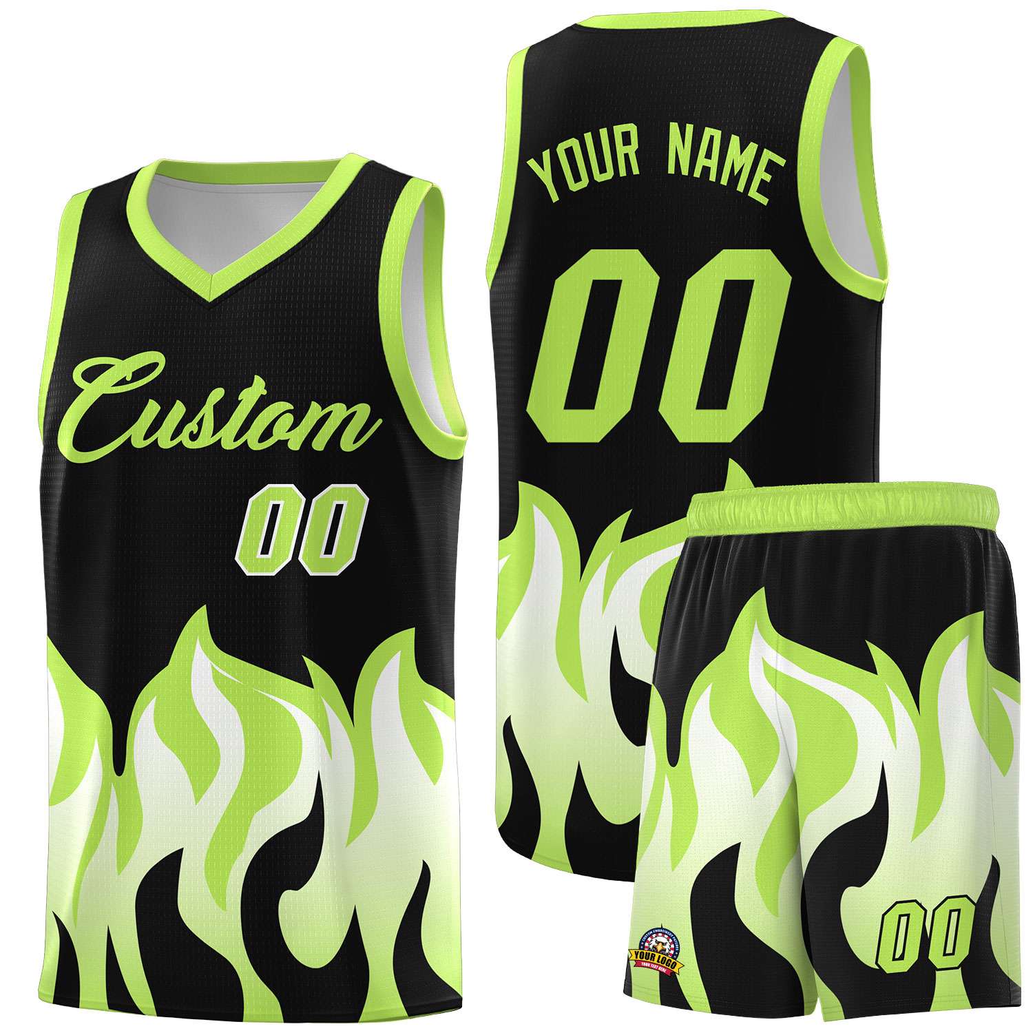 Custom Black Fluorescent Green Hem Flame Pattern Fashion Sports Uniform Basketball jersey