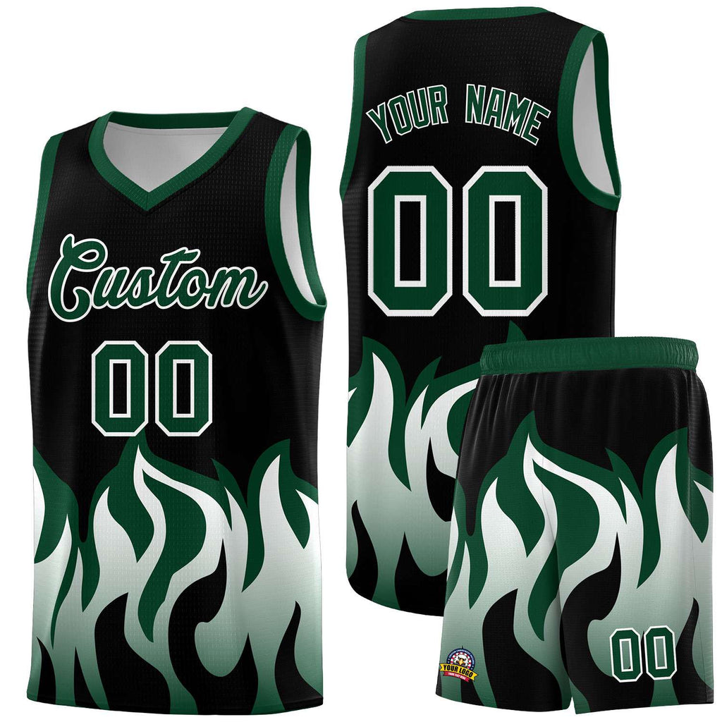 Custom Black Hunter Green Hem Flame Pattern Fashion Sports Uniform Basketball jersey