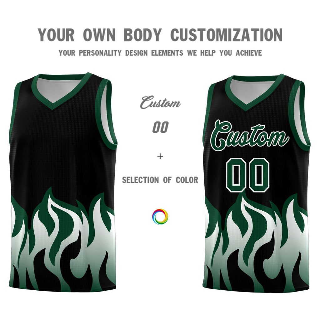 Custom Black Hunter Green Hem Flame Pattern Fashion Sports Uniform Basketball jersey