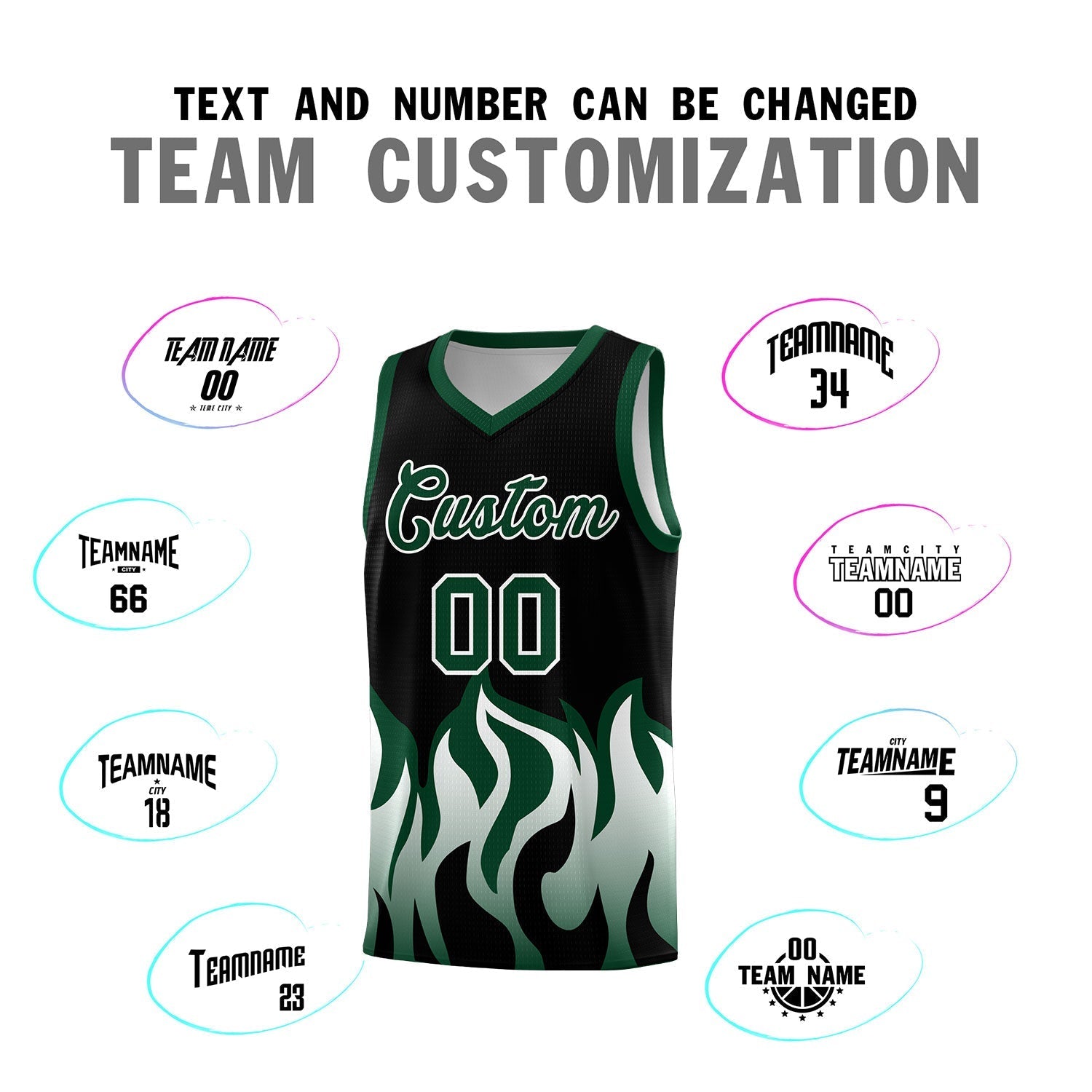 Custom Black Hunter Green Hem Flame Pattern Fashion Sports Uniform Basketball jersey