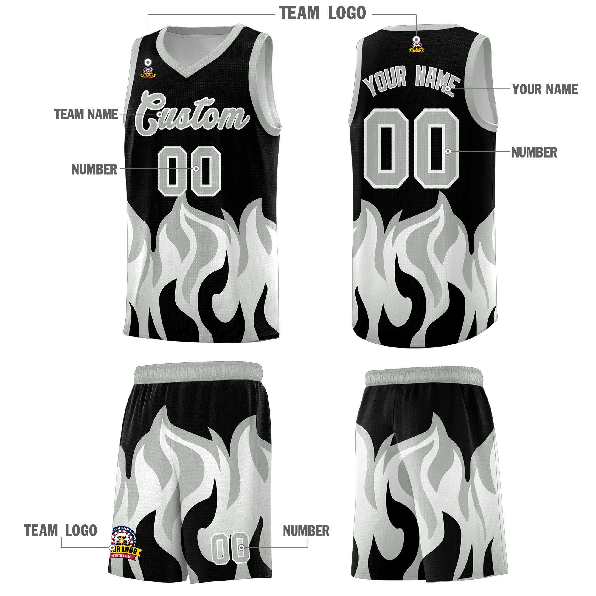 Custom Black Gray Hem Flame Pattern Fashion Sports Uniform Basketball jersey