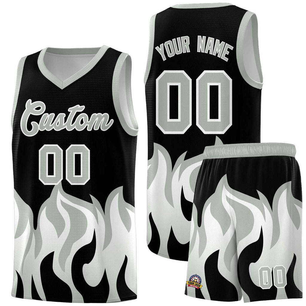 Custom Black Gray Hem Flame Pattern Fashion Sports Uniform Basketball jersey