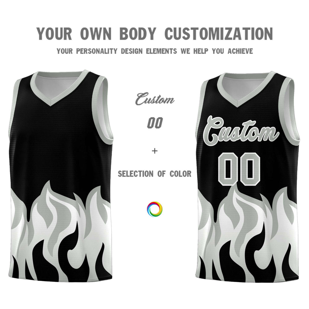 Custom Black Gray Hem Flame Pattern Fashion Sports Uniform Basketball jersey