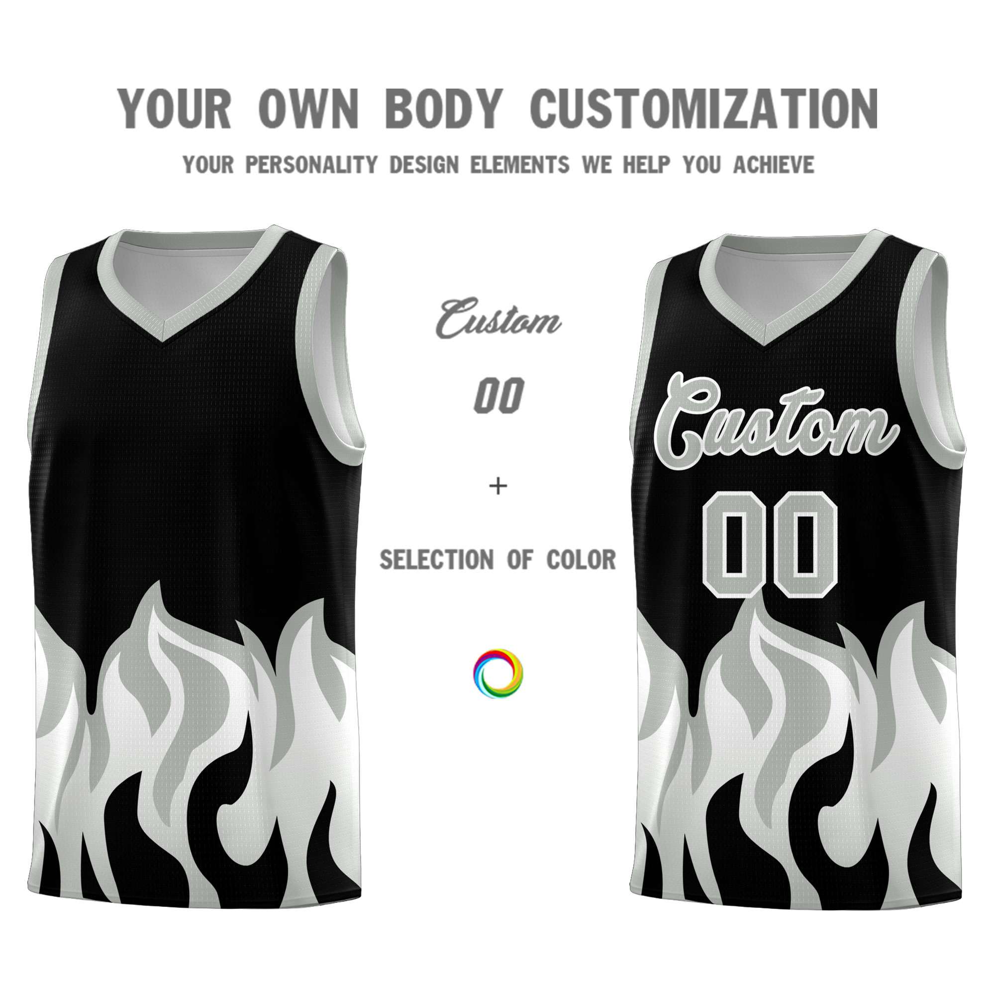 Custom Black Gray Hem Flame Pattern Fashion Sports Uniform Basketball jersey