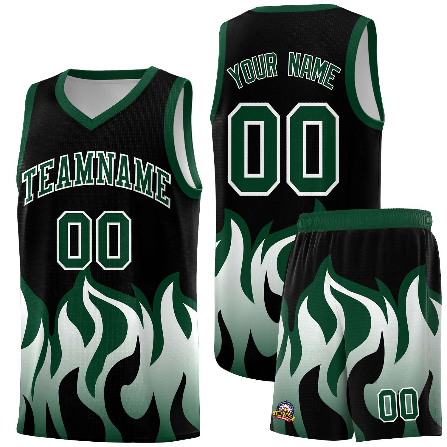 Custom Black Hunter Green Hem Flame Pattern Fashion Sports Uniform Basketball jersey