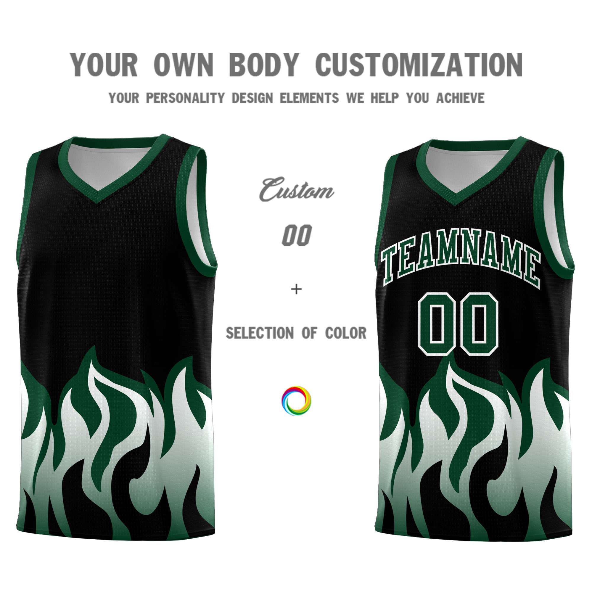 Custom Black Hunter Green Hem Flame Pattern Fashion Sports Uniform Basketball jersey