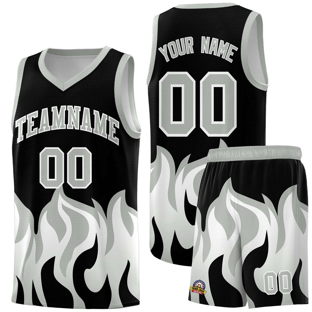 Custom Black Gray Hem Flame Pattern Fashion Sports Uniform Basketball jersey