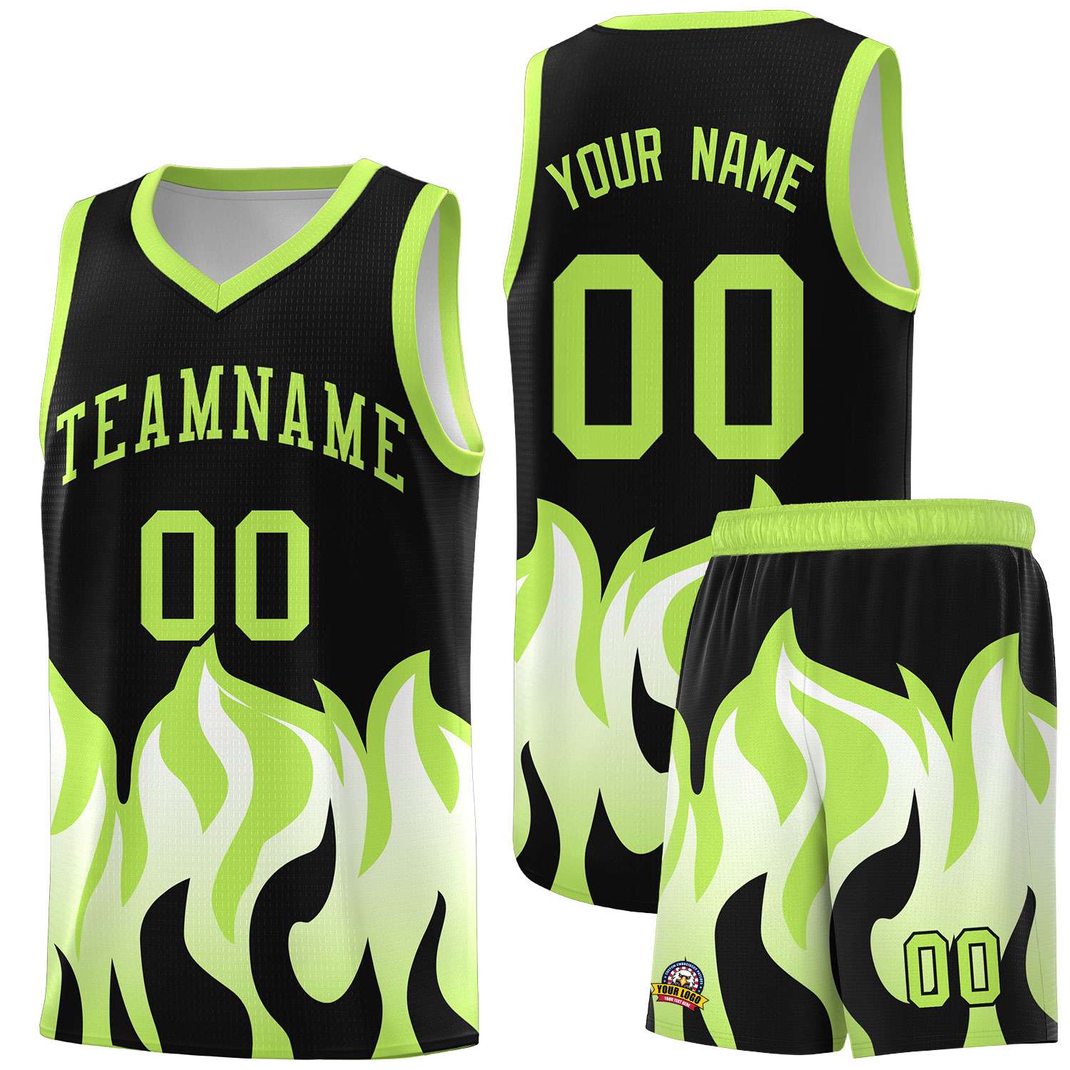 Custom Black Fluorescent Green Hem Flame Pattern Fashion Sports Uniform Basketball jersey