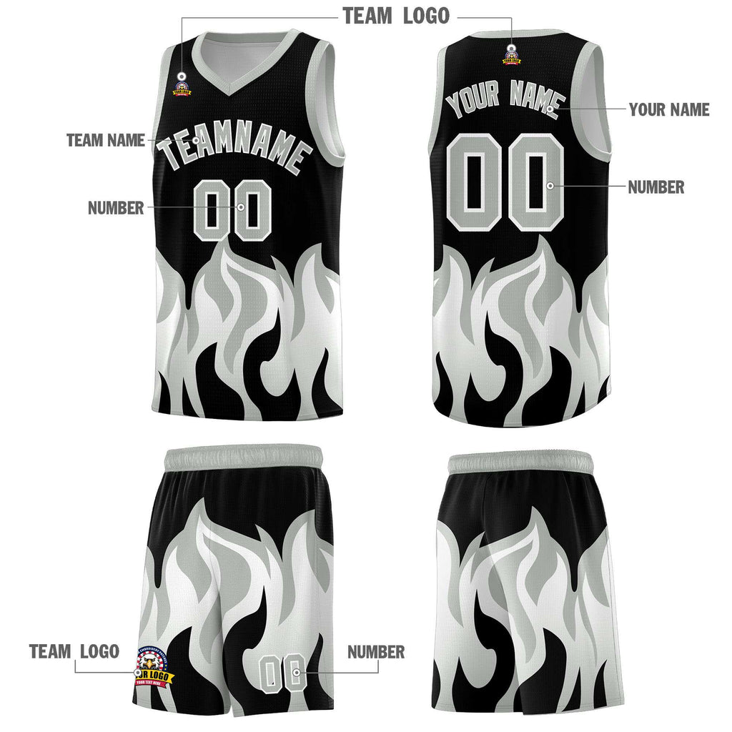 Custom Black Gray Hem Flame Pattern Fashion Sports Uniform Basketball jersey