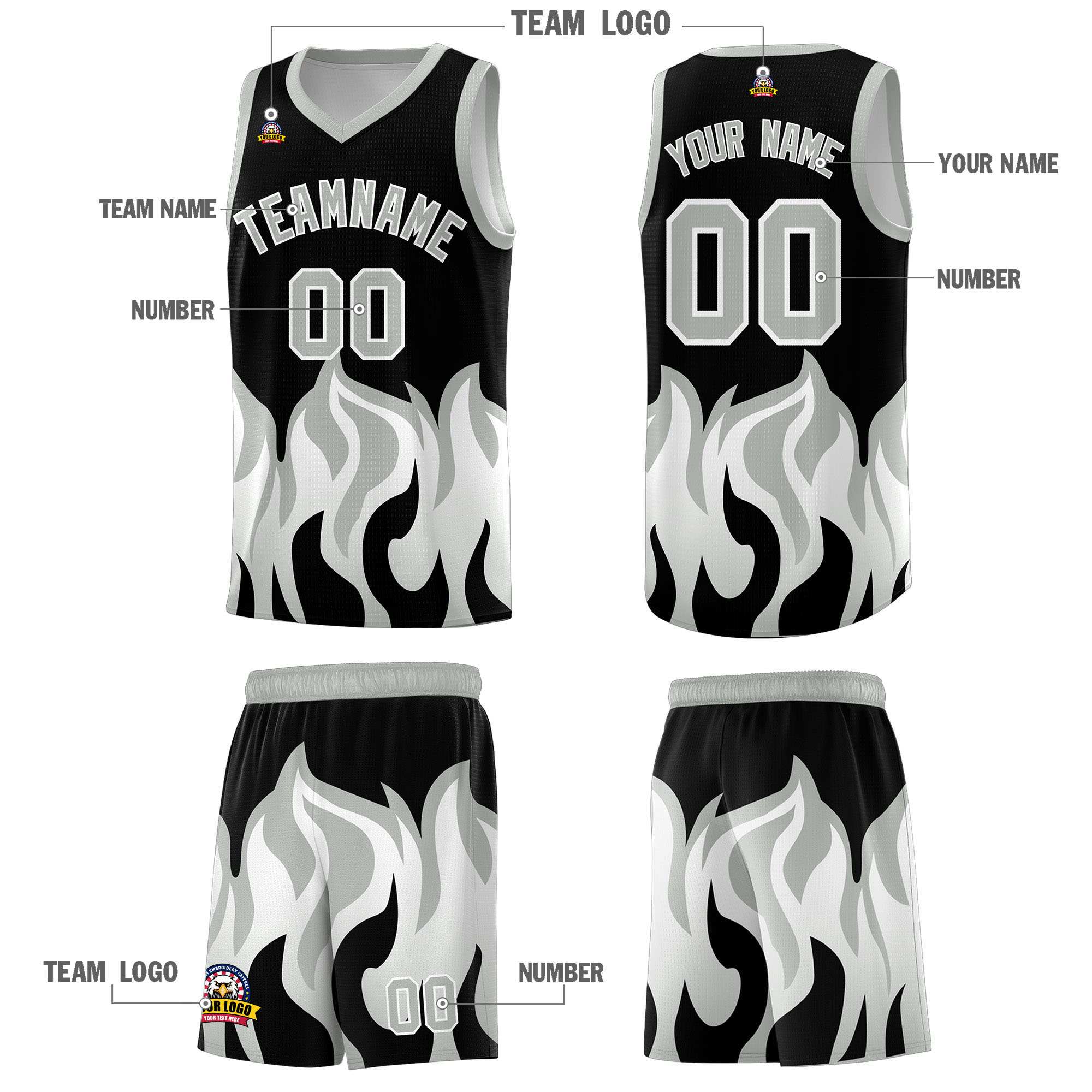 Custom Black Gray Hem Flame Pattern Fashion Sports Uniform Basketball jersey