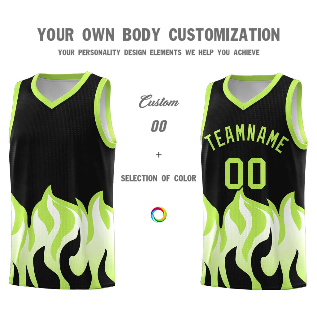 Custom Black Fluorescent Green Hem Flame Pattern Fashion Sports Uniform Basketball jersey