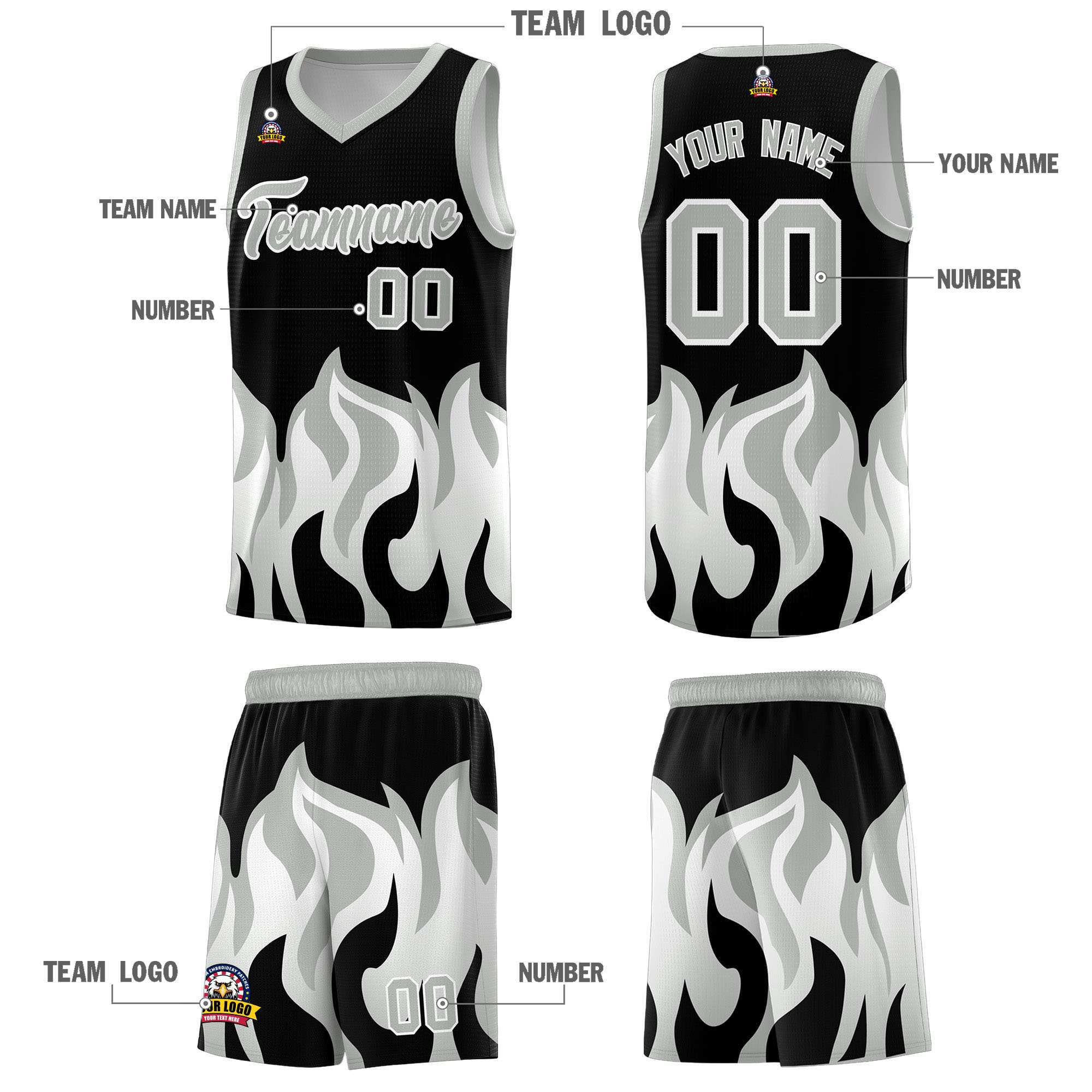 Custom Black Gray Hem Flame Pattern Fashion Sports Uniform Basketball jersey