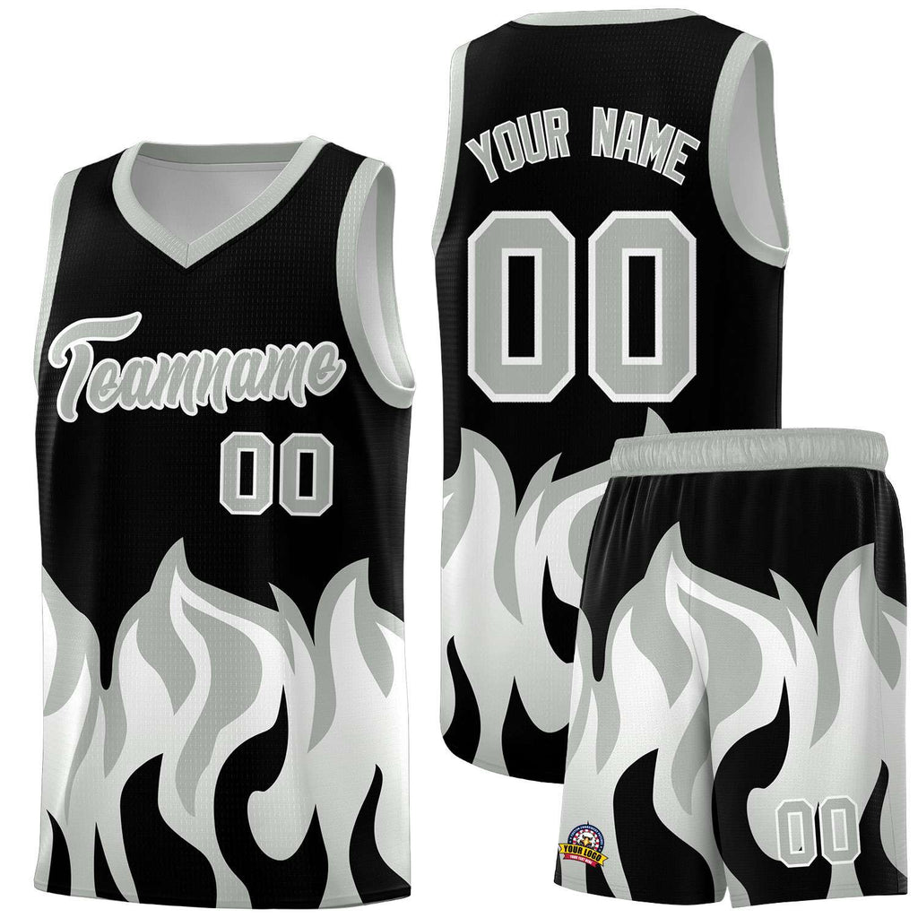 Custom Black Gray Hem Flame Pattern Fashion Sports Uniform Basketball jersey