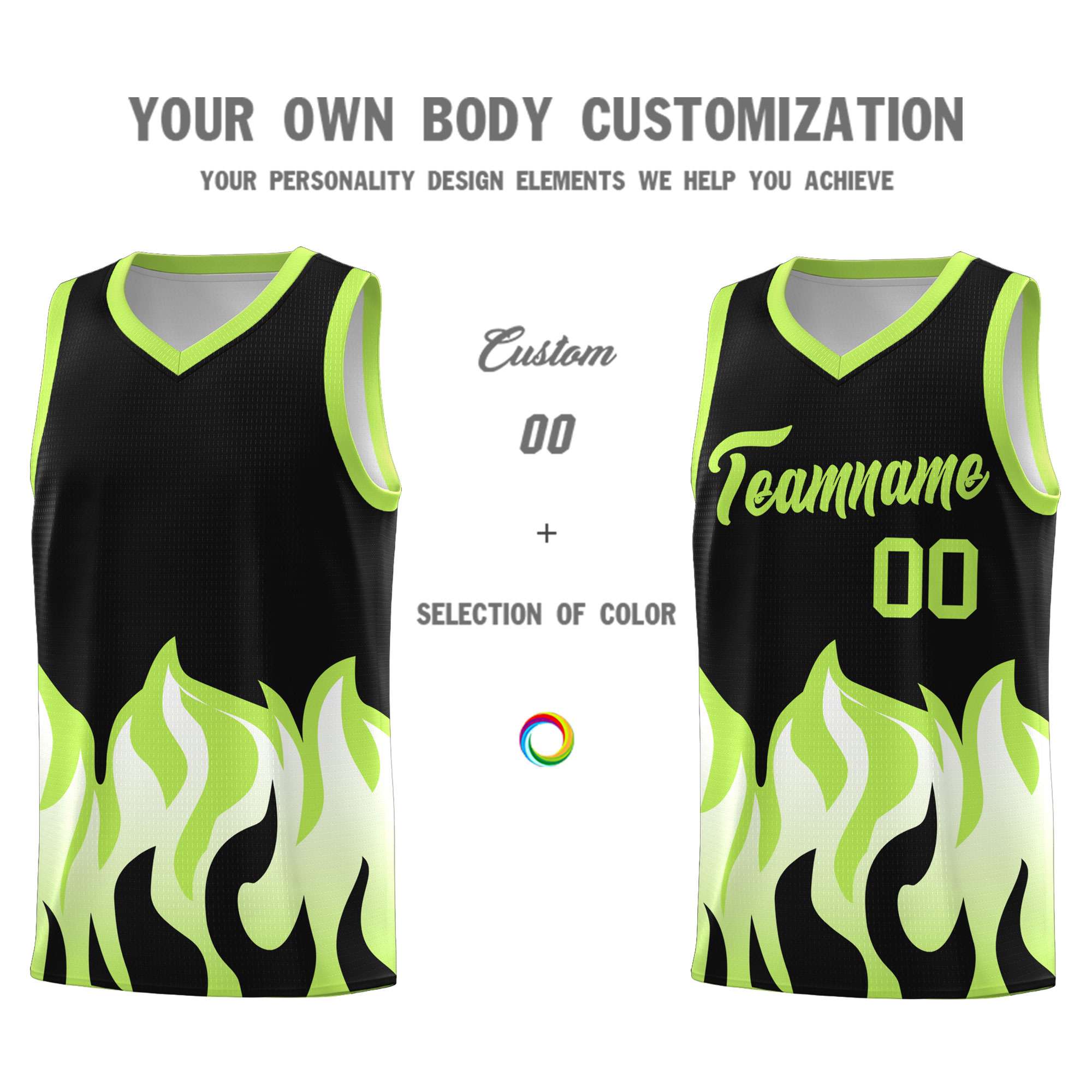 Custom Black Fluorescent Green Hem Flame Pattern Fashion Sports Uniform Basketball jersey