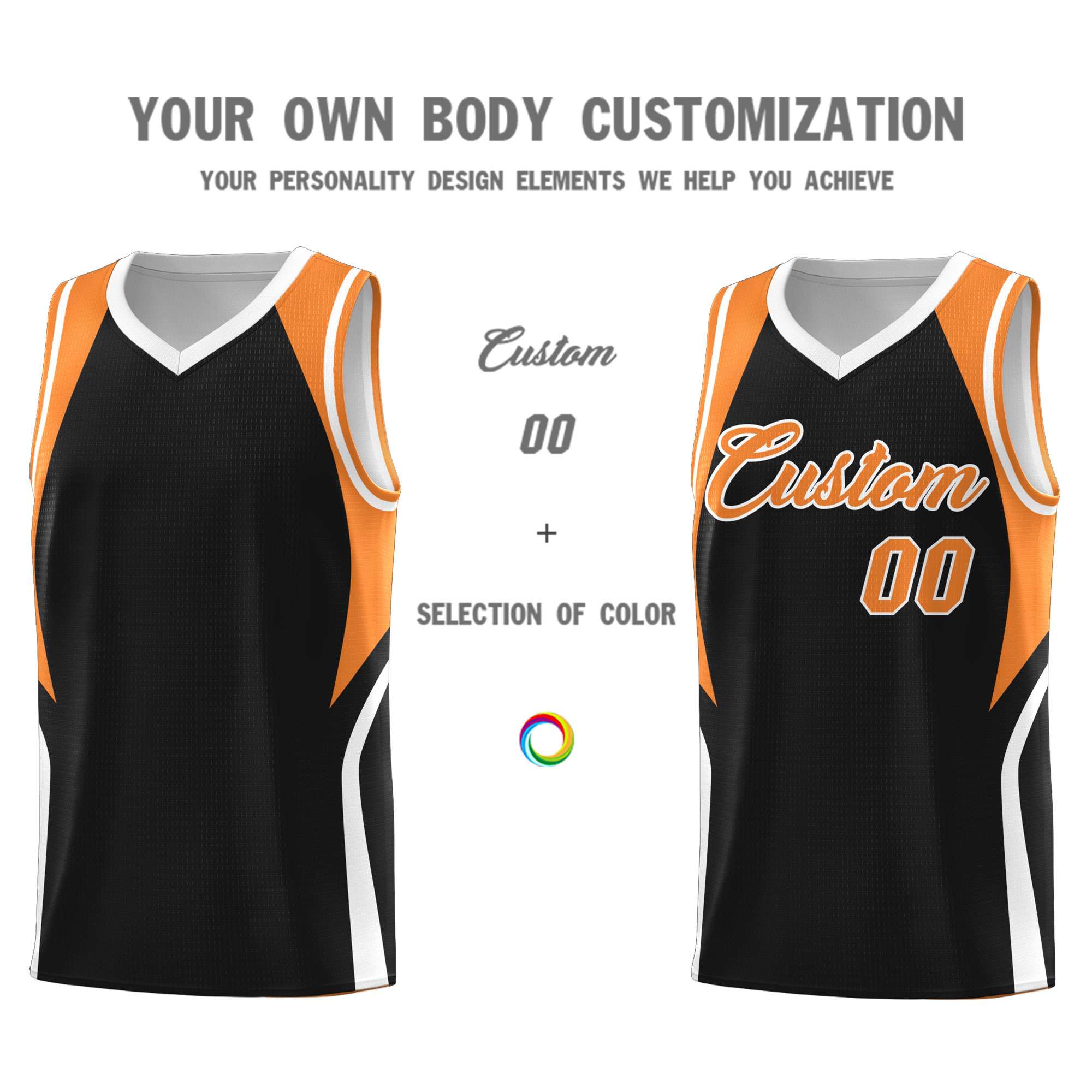 Custom Black Gold Orange and White Color Block Sports Uniform Basketball Jersey