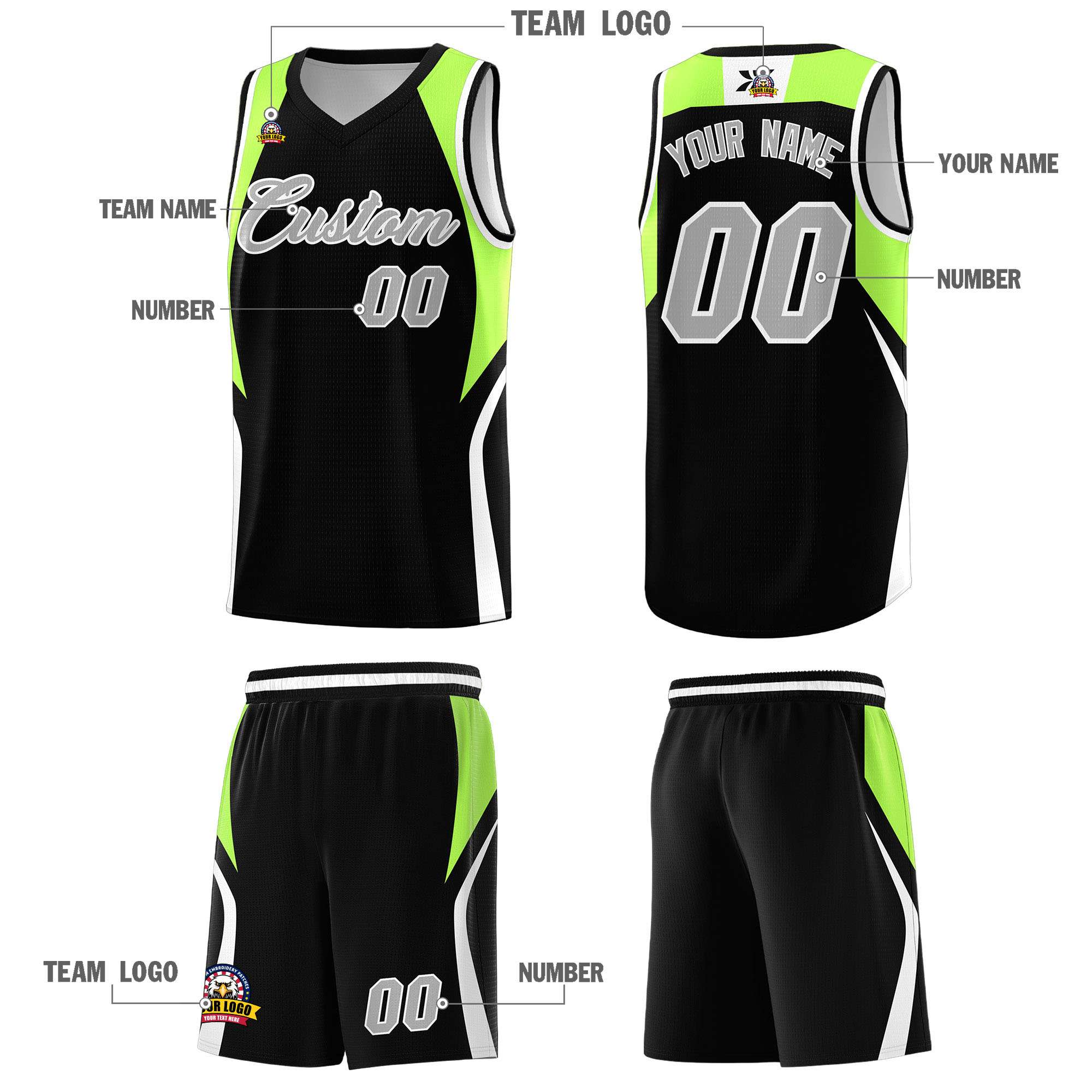 Custom Black Fluorescent Green and White Color Block Sports Uniform Basketball Jersey
