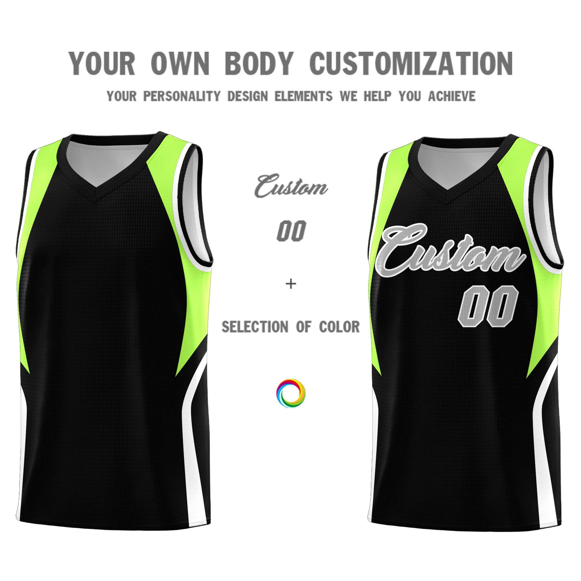 Custom Black Fluorescent Green and White Color Block Sports Uniform Basketball Jersey