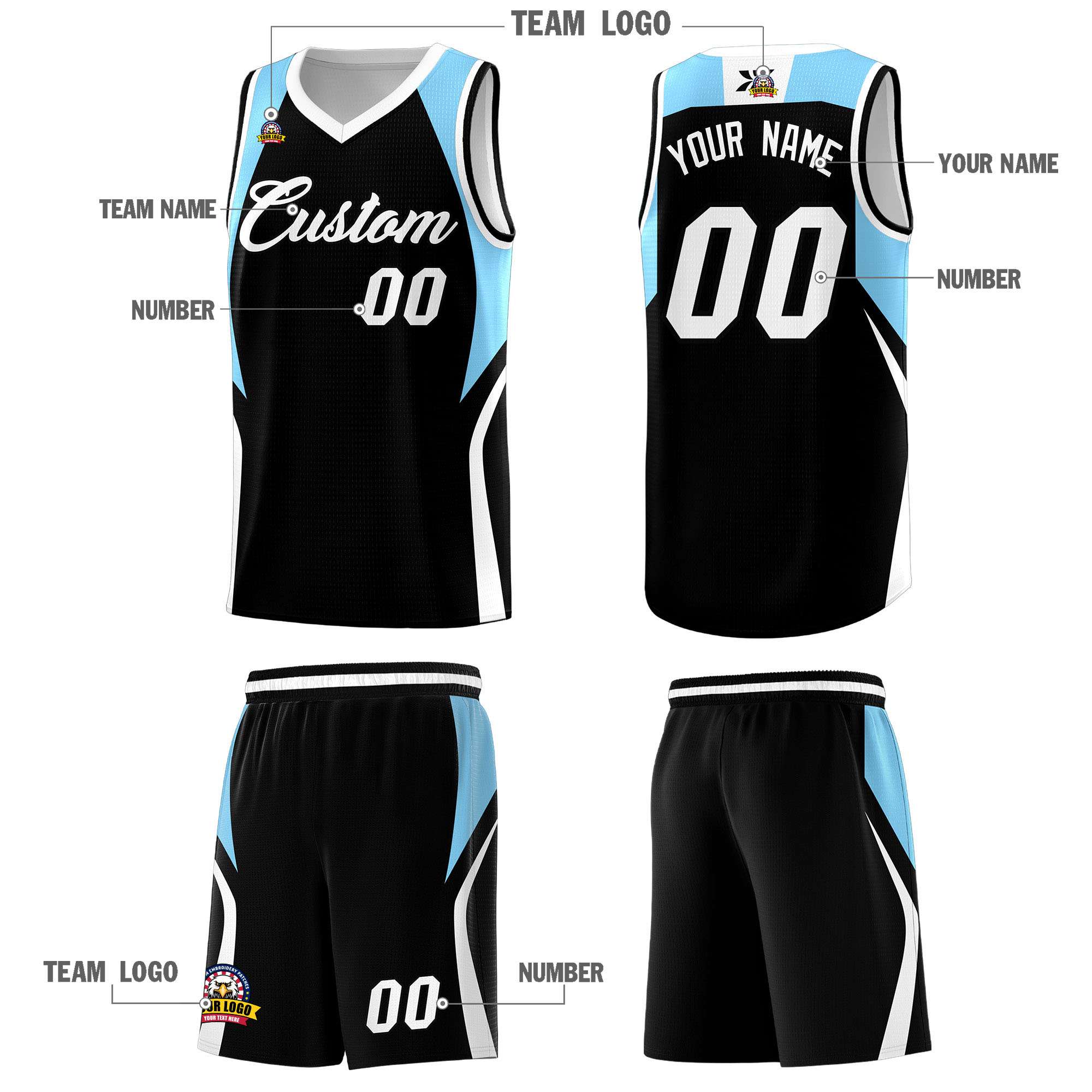 Custom Black Light Blue and White Color Block Sports Uniform Basketball Jersey