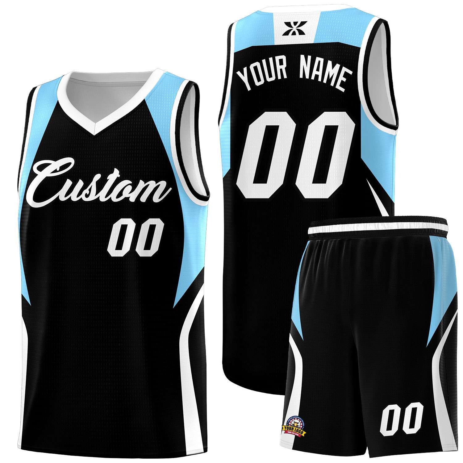 Custom Black Light Blue and White Color Block Sports Uniform Basketball Jersey