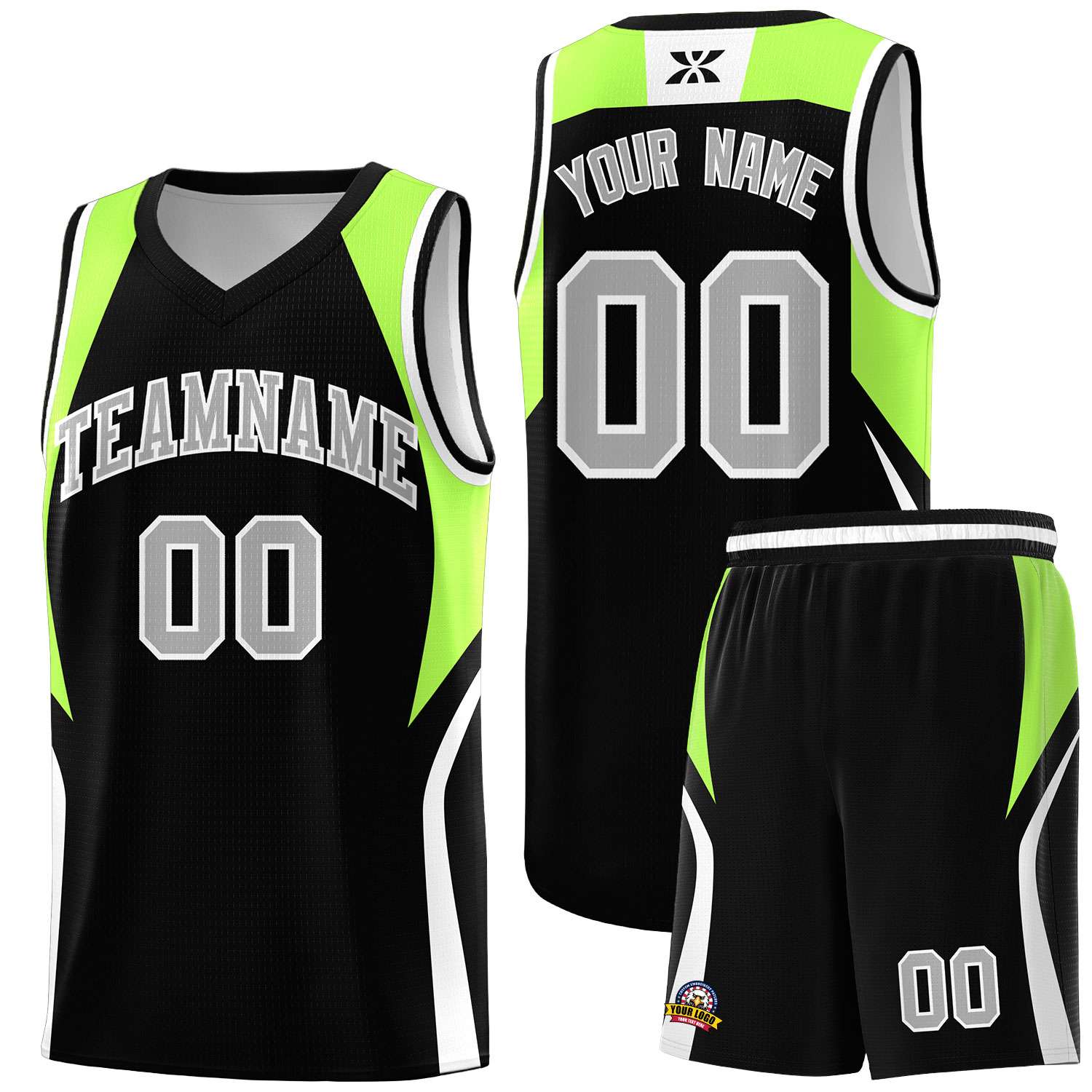 Custom Black Fluorescent Green and White Color Block Sports Uniform Basketball Jersey