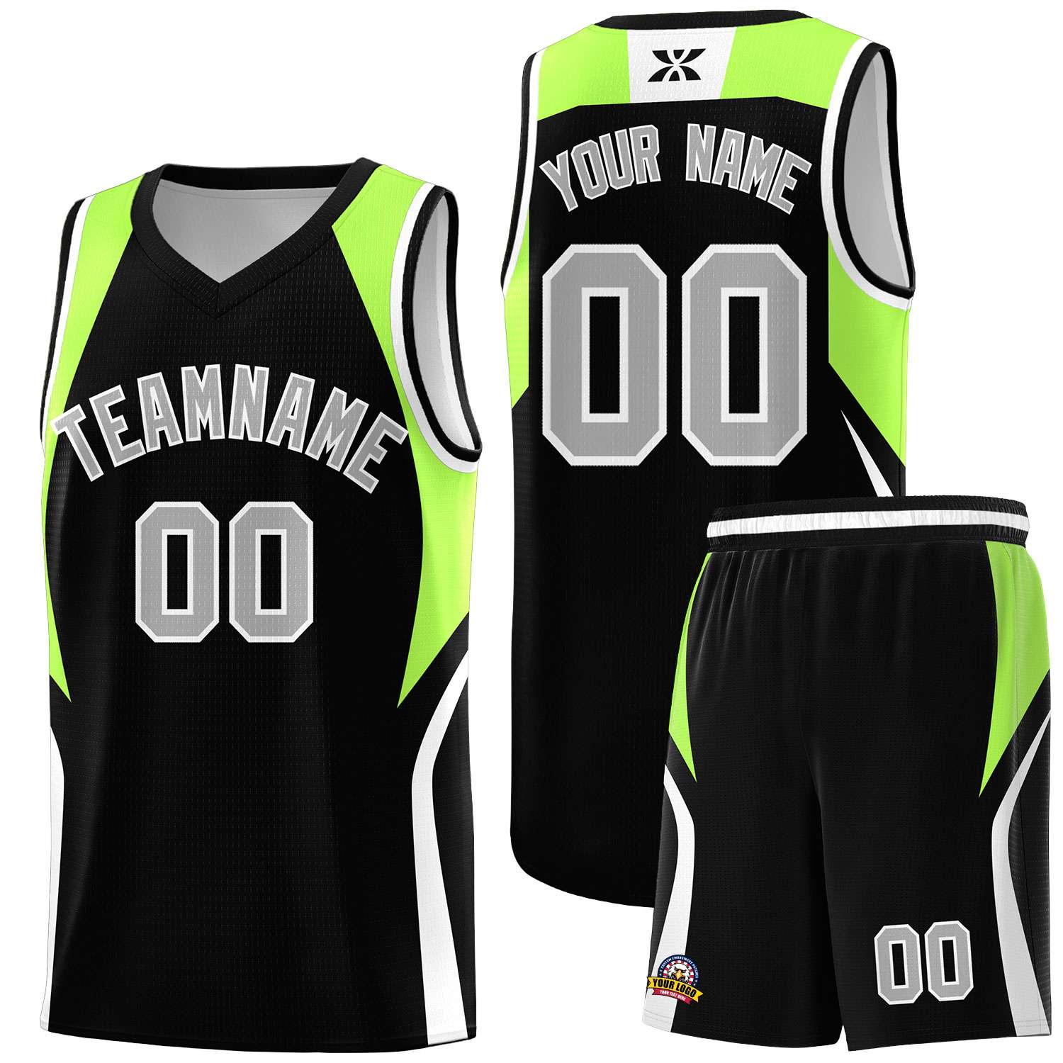 Custom Black Fluorescent Green and White Color Block Sports Uniform Basketball Jersey