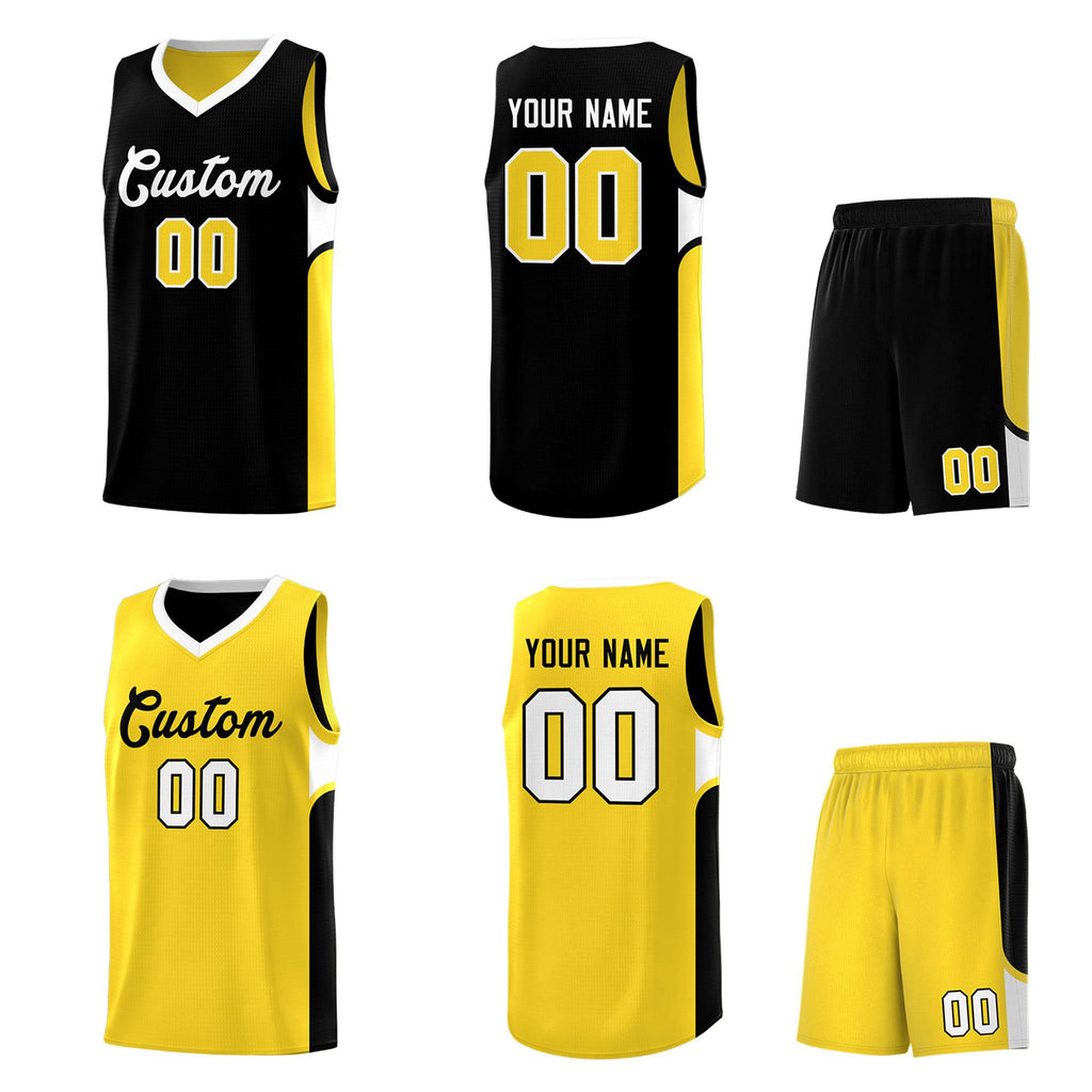 Custom Black Gold Side U-shaped Patttern Double Side Sports Uniform Basketball Jersey