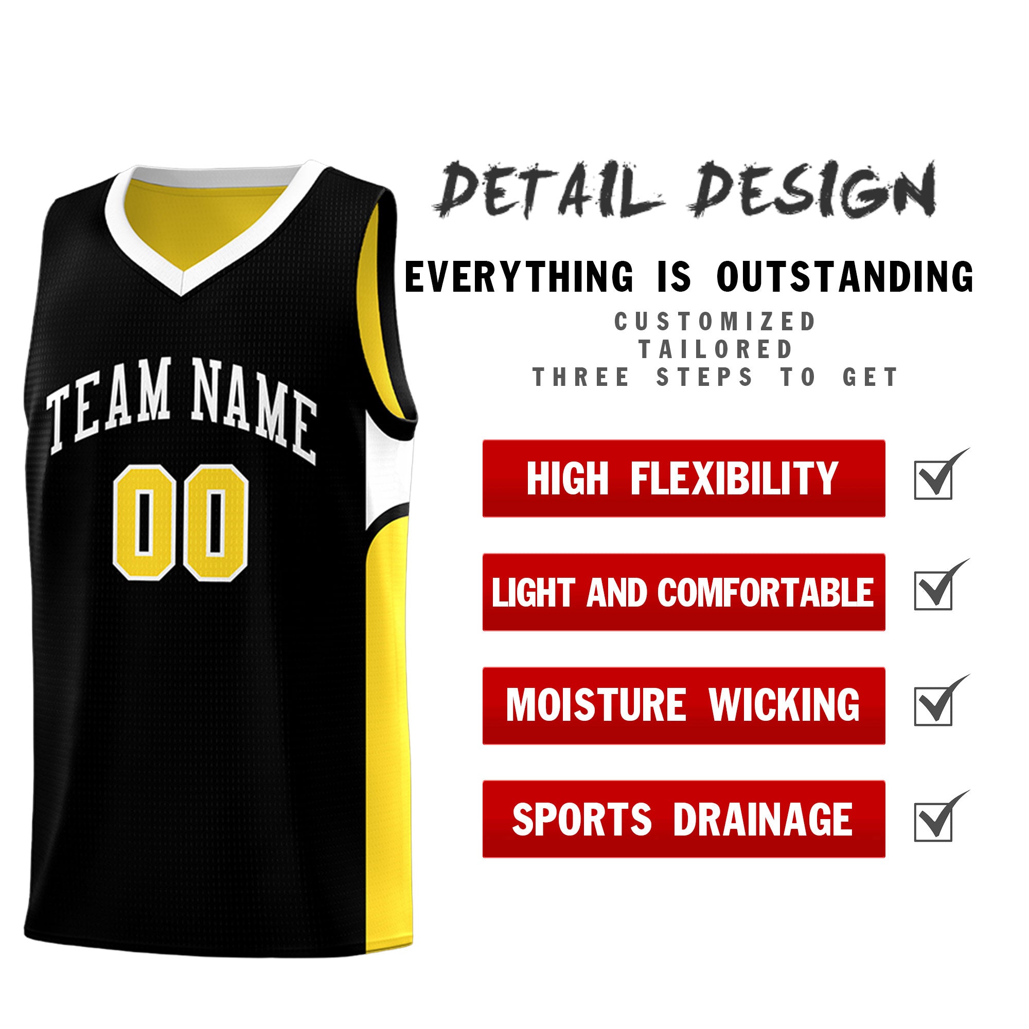 Custom Black Gold Side U-shaped Patttern Double Side Sports Uniform Basketball Jersey