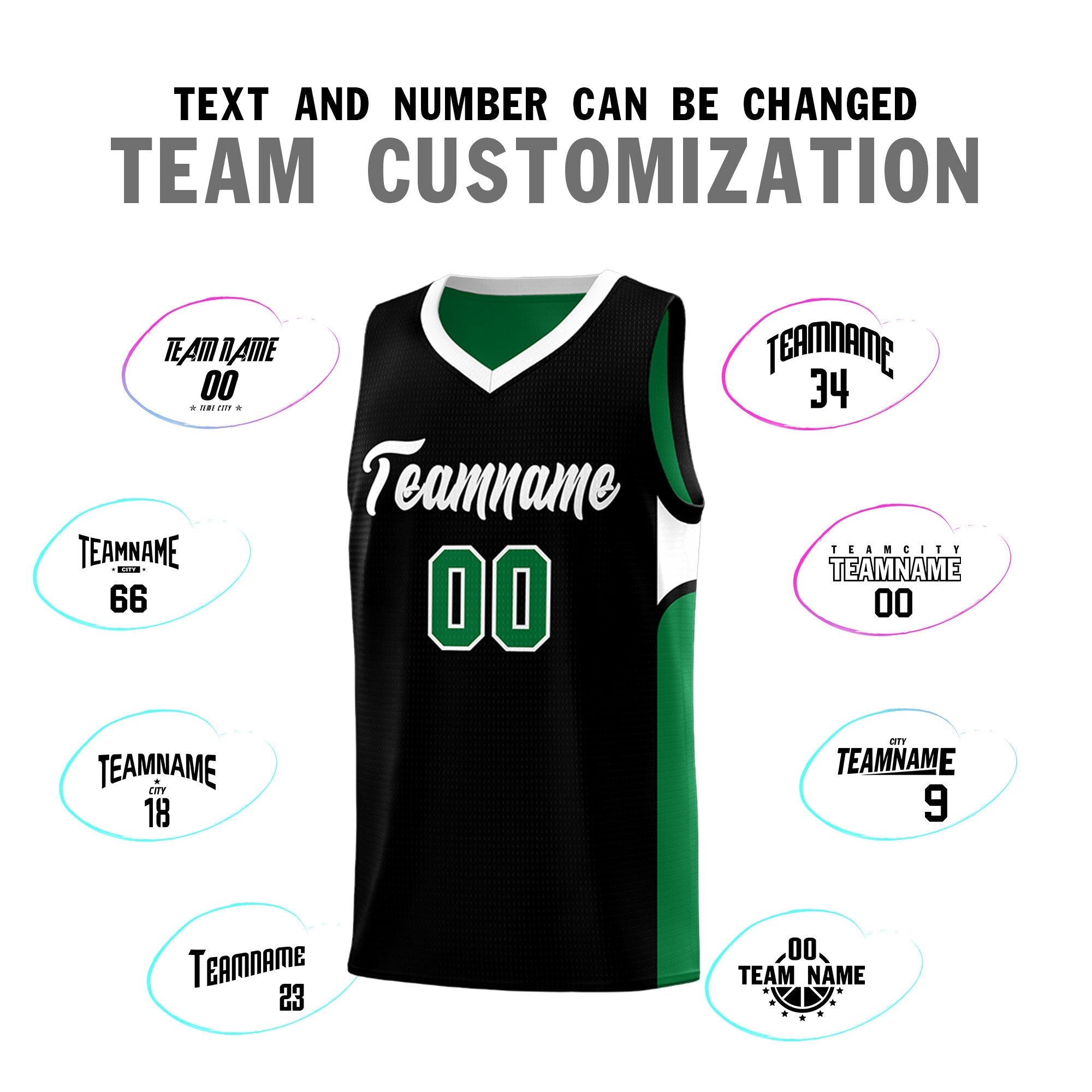 Custom Black Kelly Green Side U-shaped Patttern Double Side Sports Uniform Basketball Jersey
