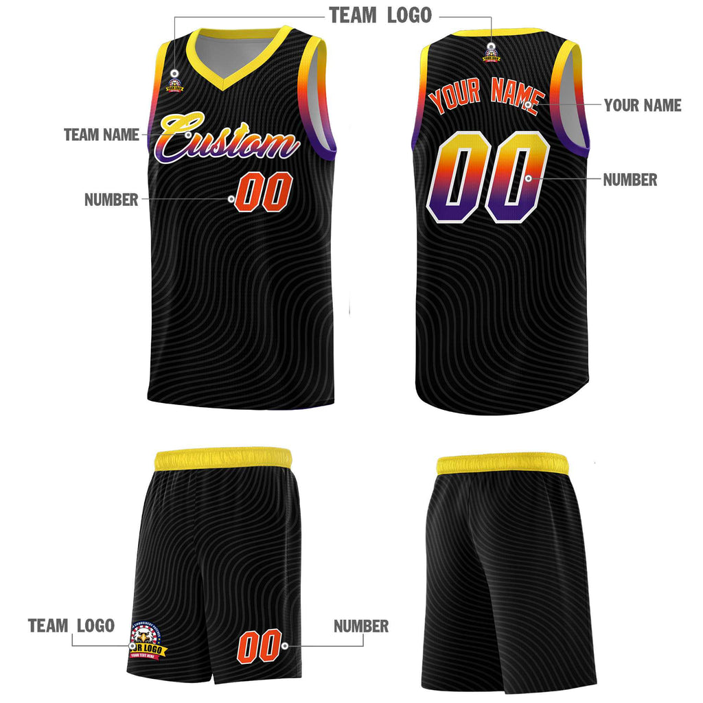 Custom Black Gold Wave Pattern Sports Uniform Basketball Jersey