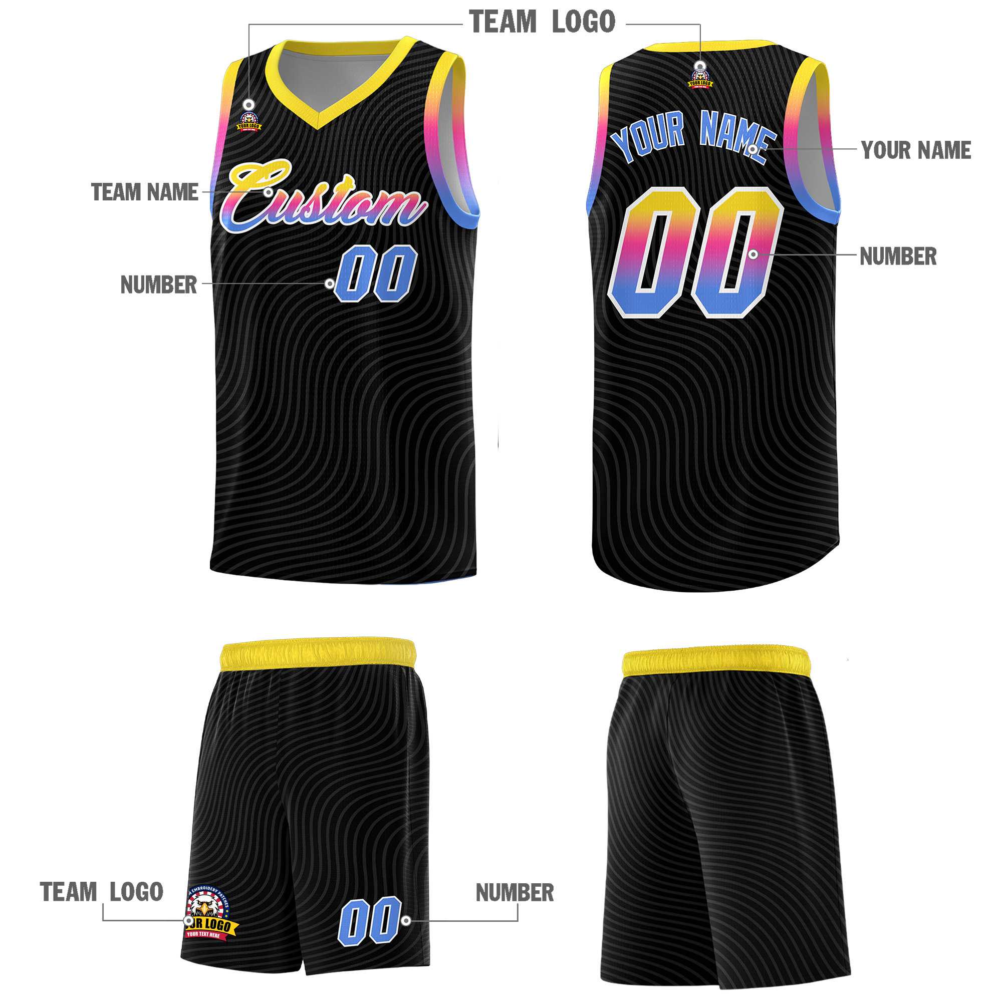 Custom Black Gold Wave Pattern Sports Uniform Basketball Jersey