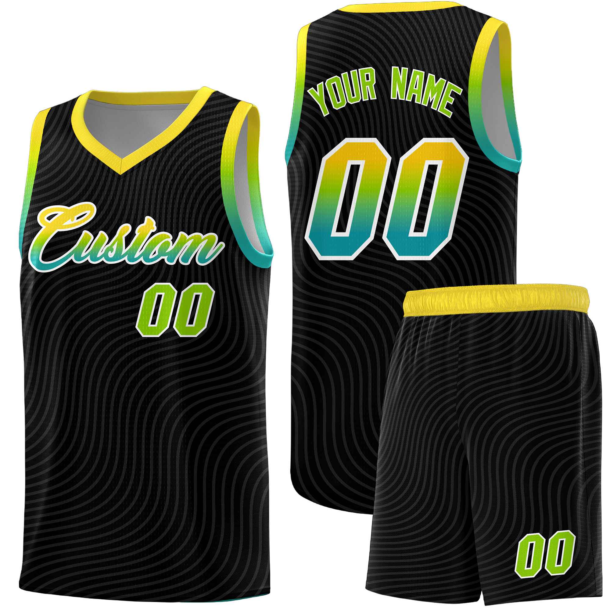 Custom Black Gold Wave Pattern Sports Uniform Basketball Jersey