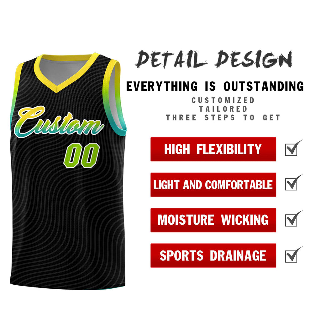 Custom Black Gold Wave Pattern Sports Uniform Basketball Jersey