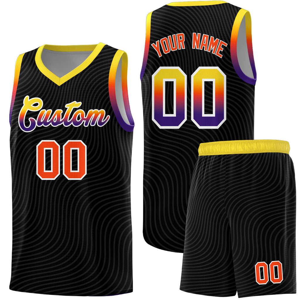Custom Black Gold Wave Pattern Sports Uniform Basketball Jersey