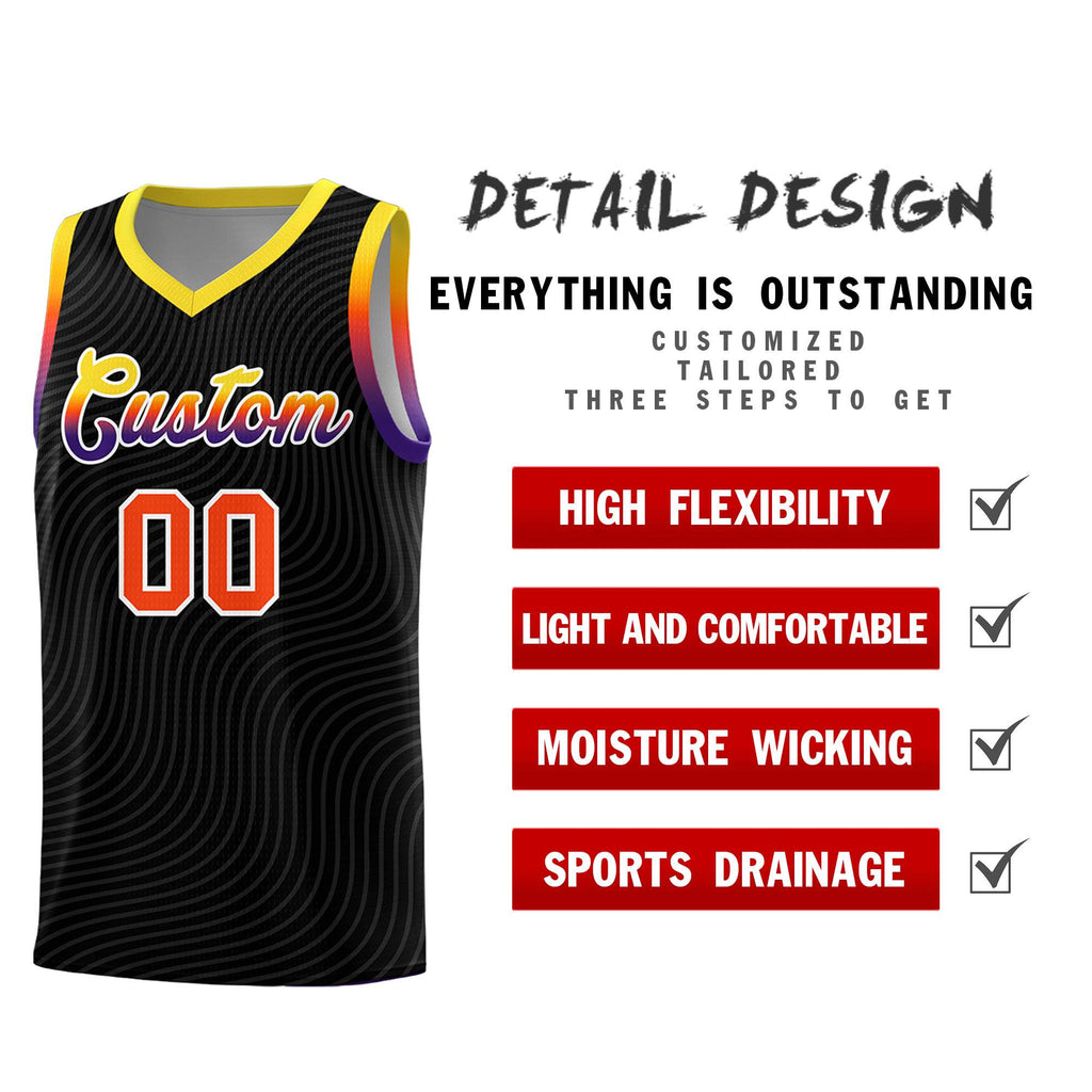 Custom Black Gold Wave Pattern Sports Uniform Basketball Jersey