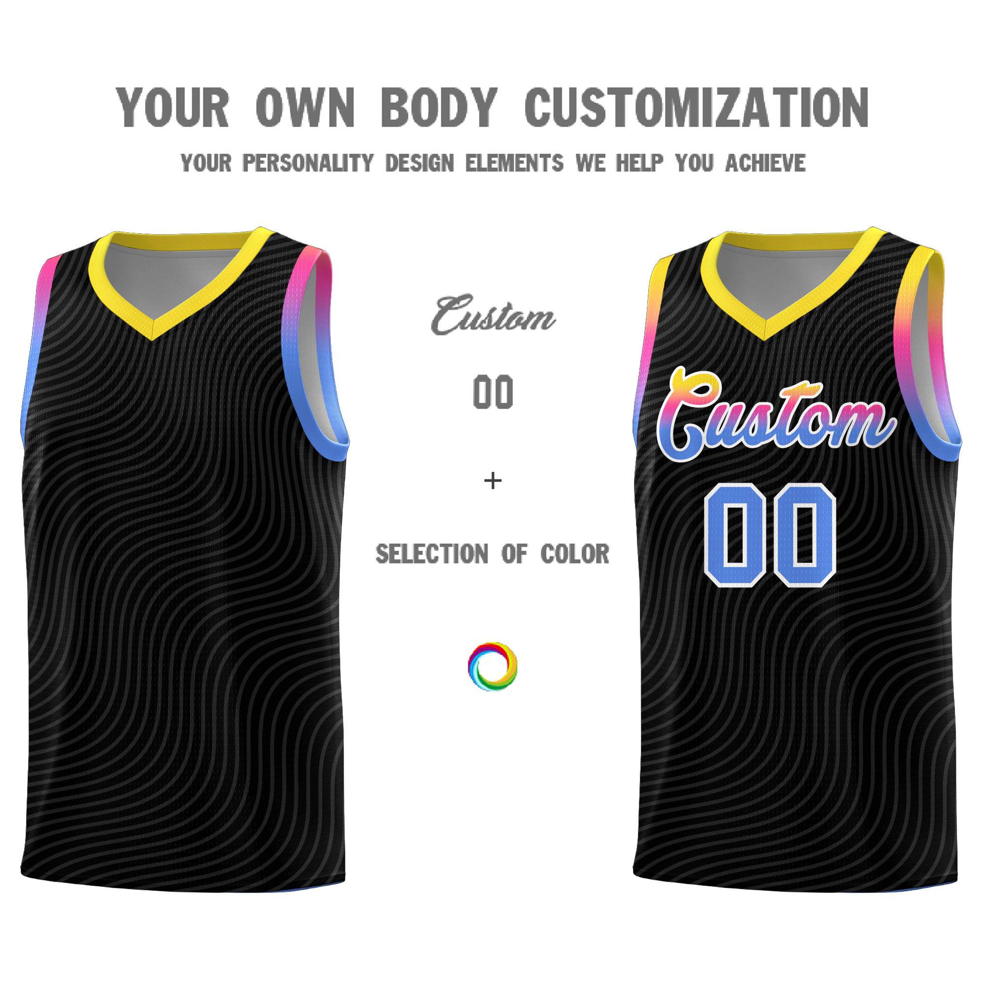 Custom Black Gold Wave Pattern Sports Uniform Basketball Jersey