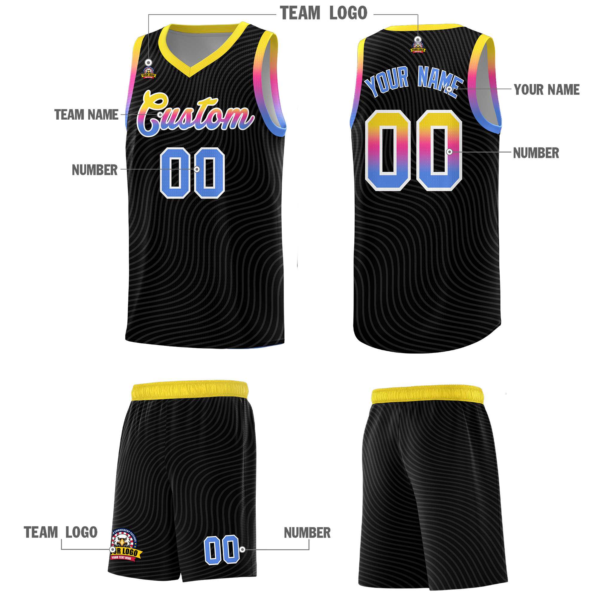 Custom Black Gold Wave Pattern Sports Uniform Basketball Jersey