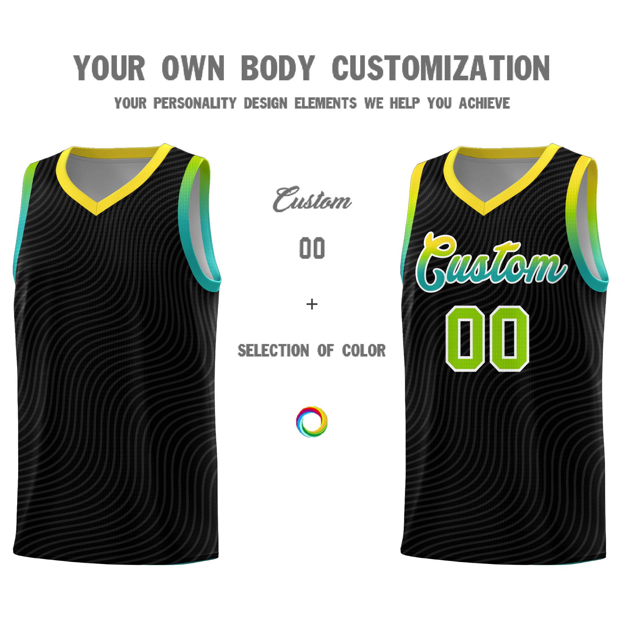 Custom Black Gold Wave Pattern Sports Uniform Basketball Jersey
