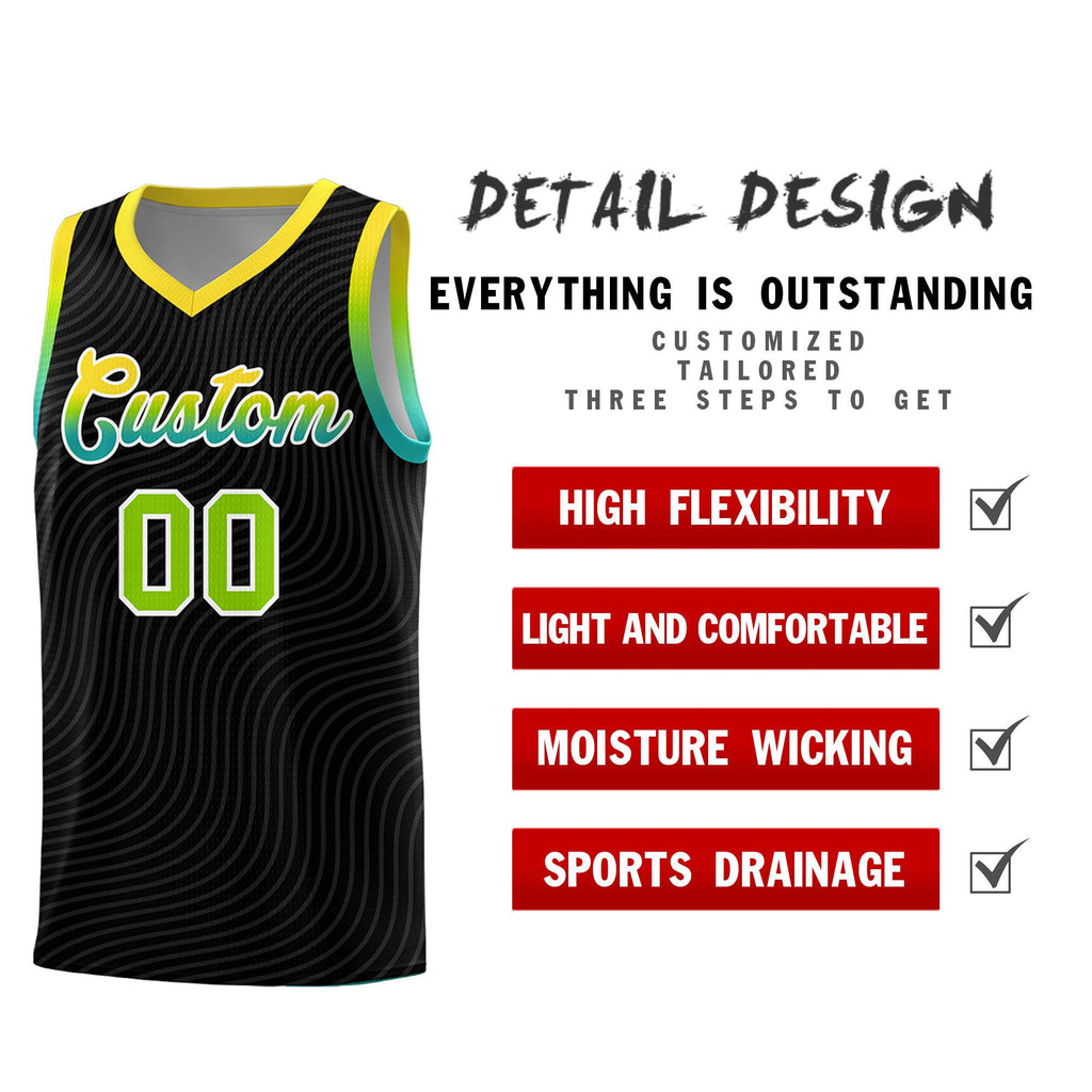 Custom Black Gold Wave Pattern Sports Uniform Basketball Jersey