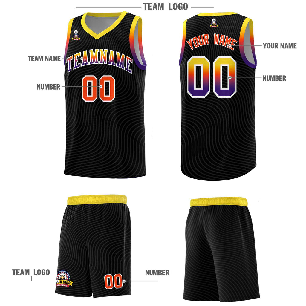 Custom Black Gold Wave Pattern Sports Uniform Basketball Jersey