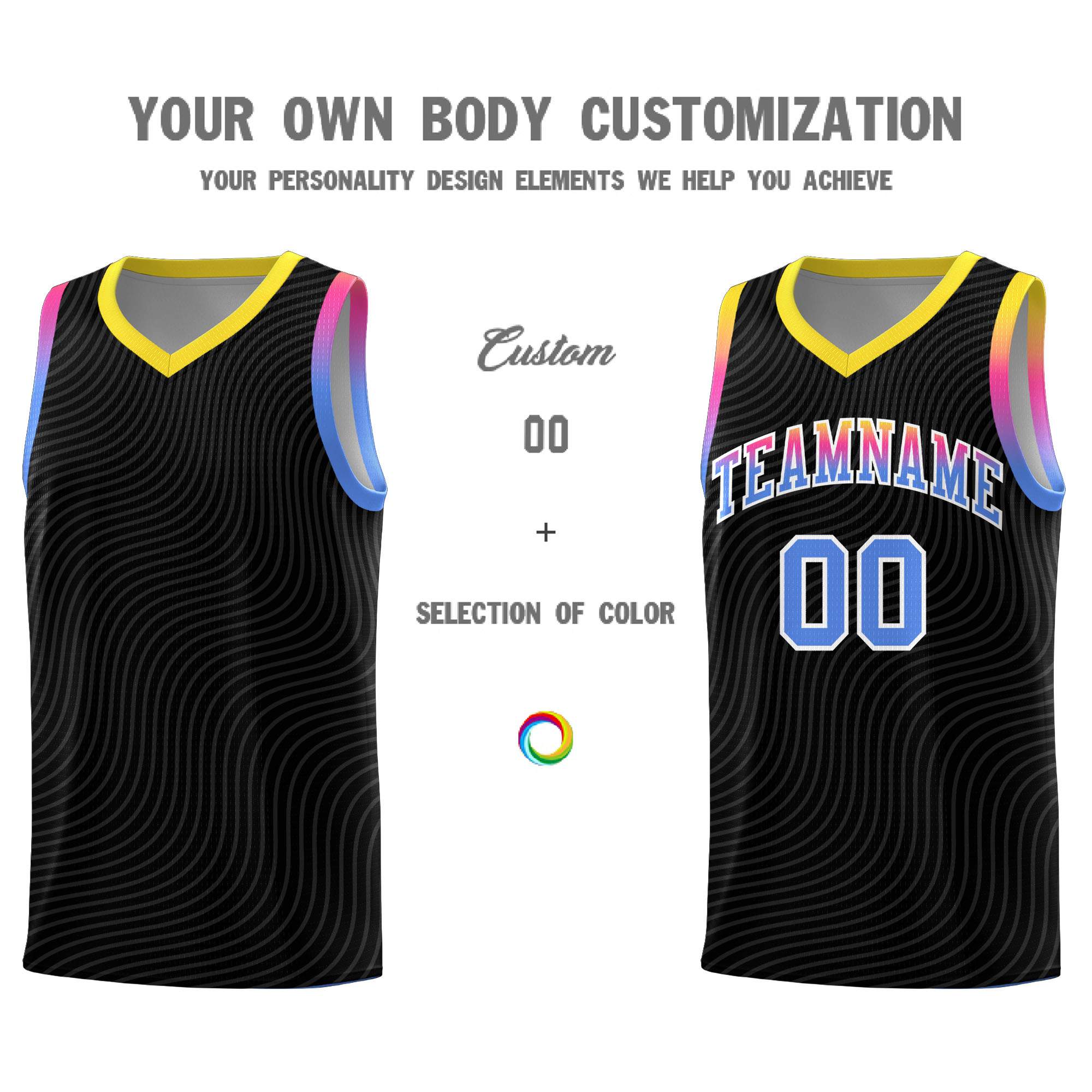 Custom Black Gold Wave Pattern Sports Uniform Basketball Jersey