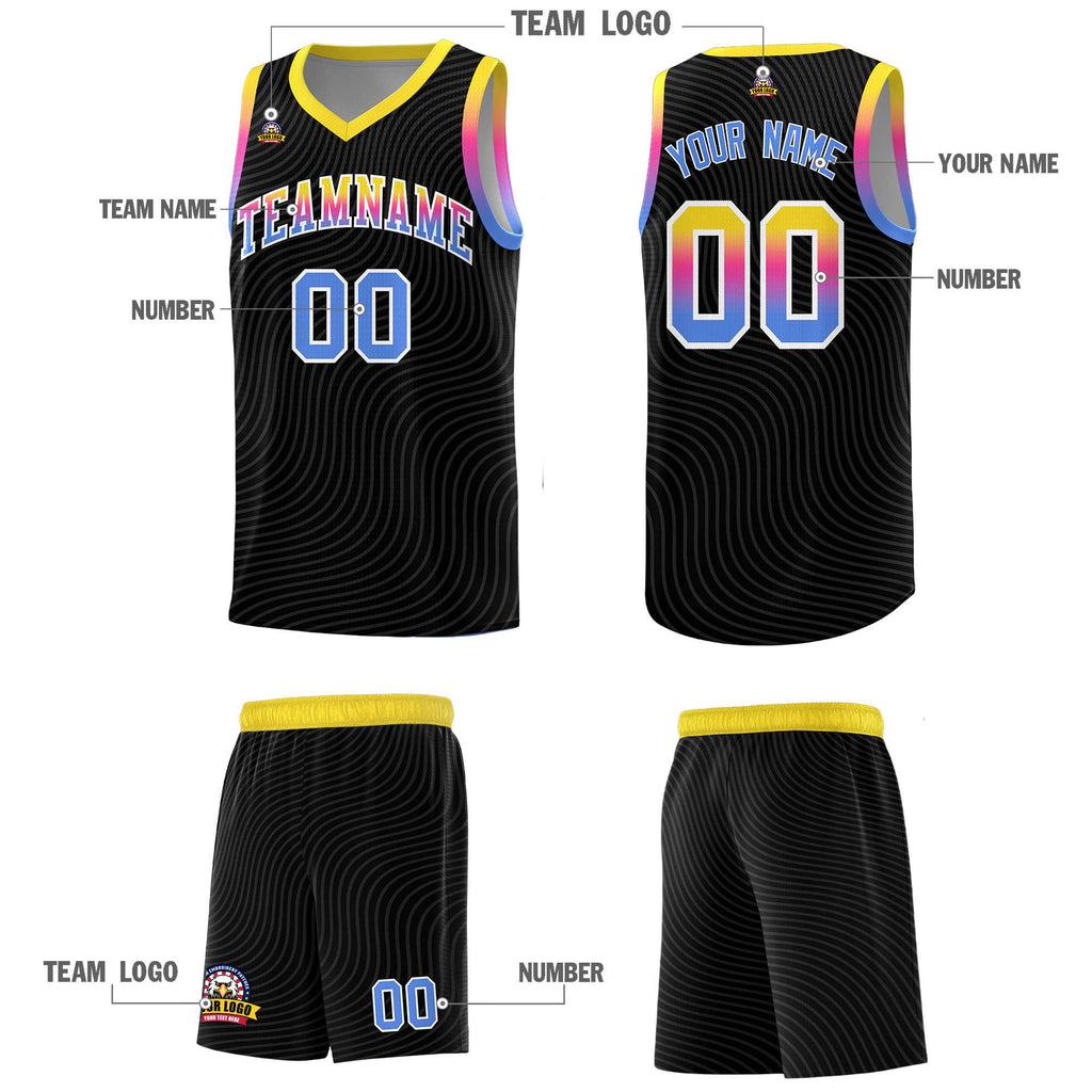 Custom Black Gold Wave Pattern Sports Uniform Basketball Jersey