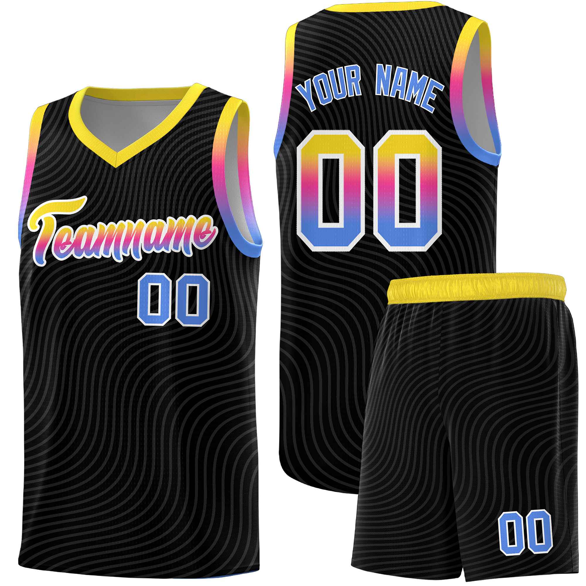 Custom Black Gold Wave Pattern Sports Uniform Basketball Jersey