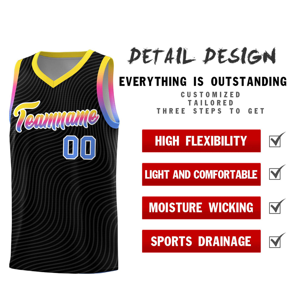 Custom Black Gold Wave Pattern Sports Uniform Basketball Jersey