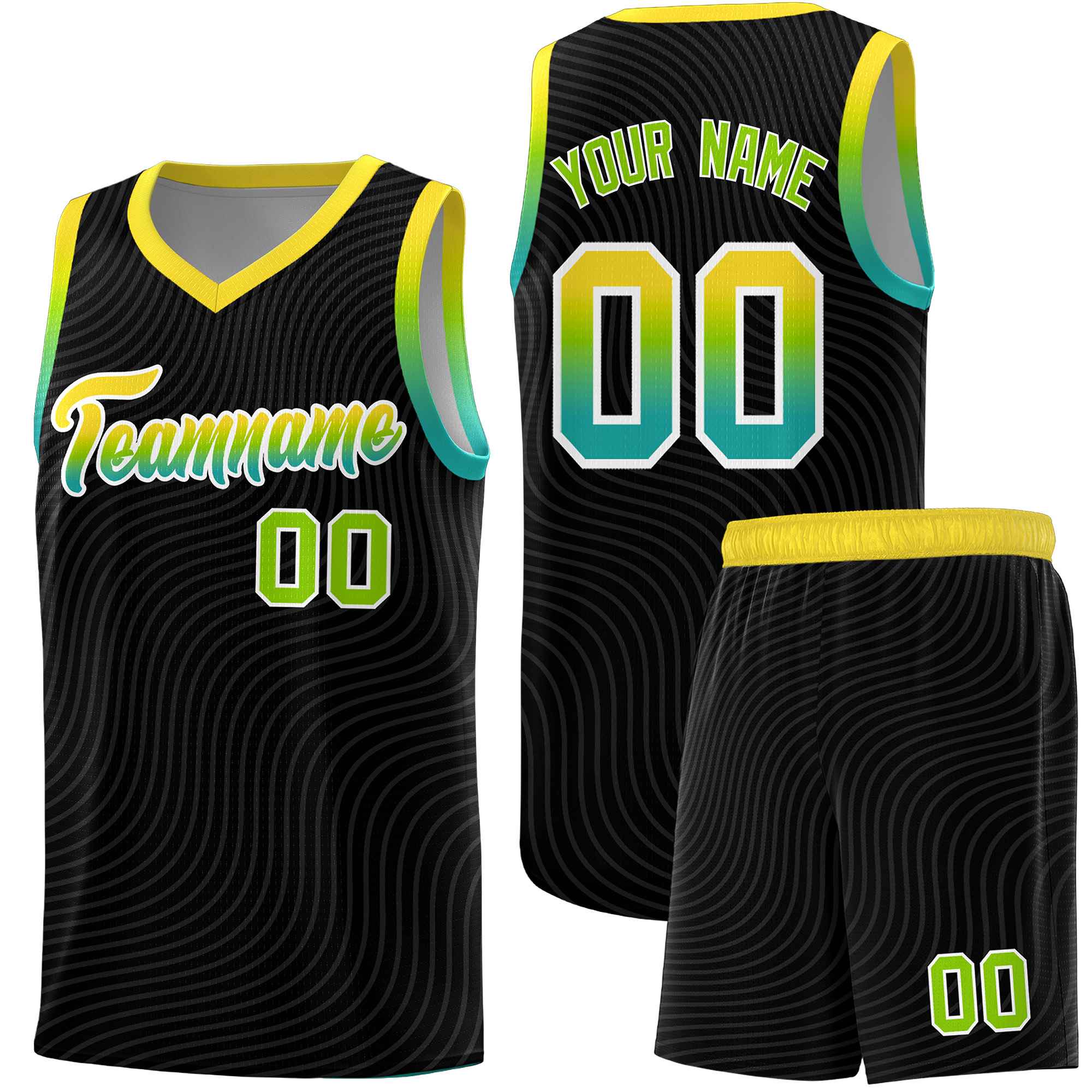 Custom Black Gold Wave Pattern Sports Uniform Basketball Jersey