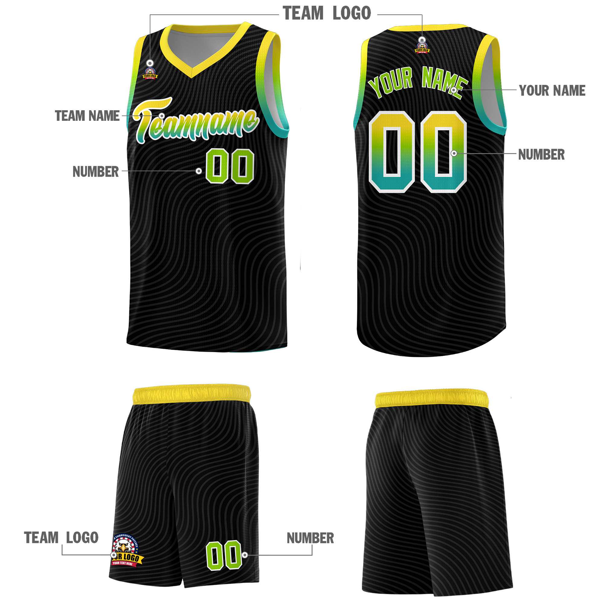 Custom Black Gold Wave Pattern Sports Uniform Basketball Jersey