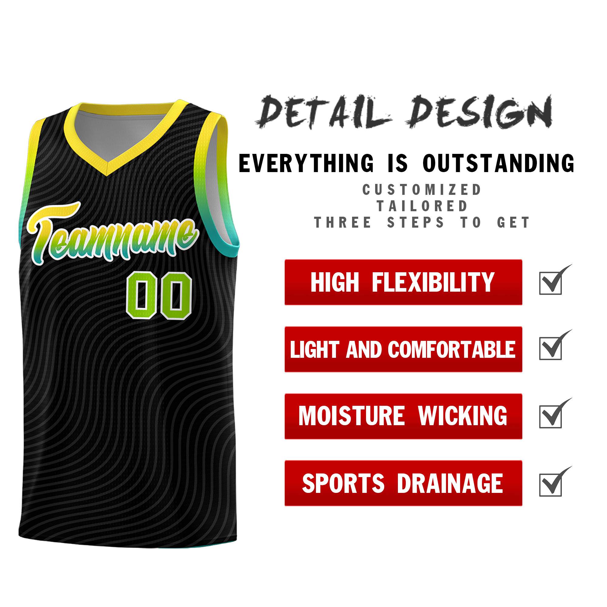 Custom Black Gold Wave Pattern Sports Uniform Basketball Jersey