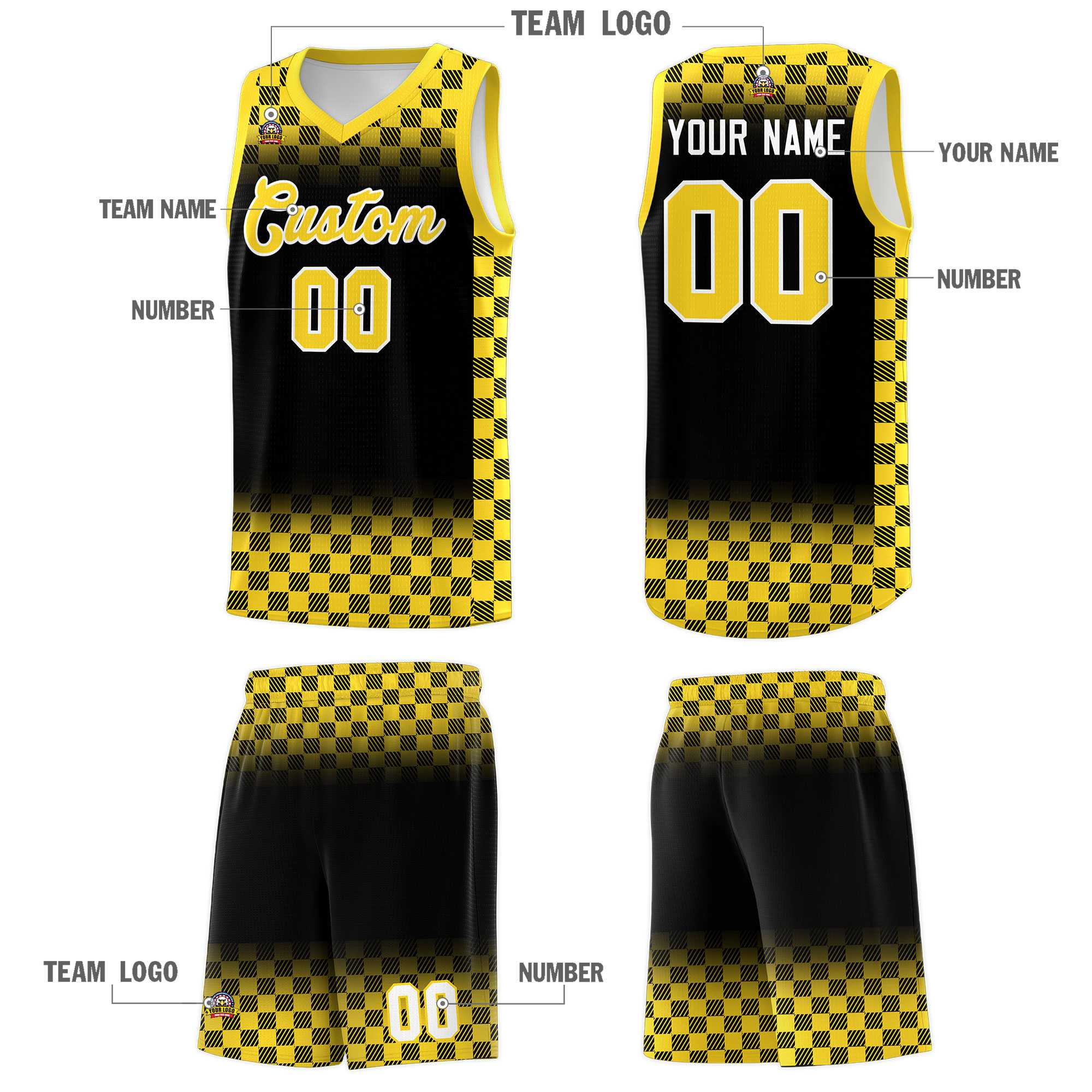 Custom Black Gold Classic Plaid Pattern Sports Uniform Basketball Jersey