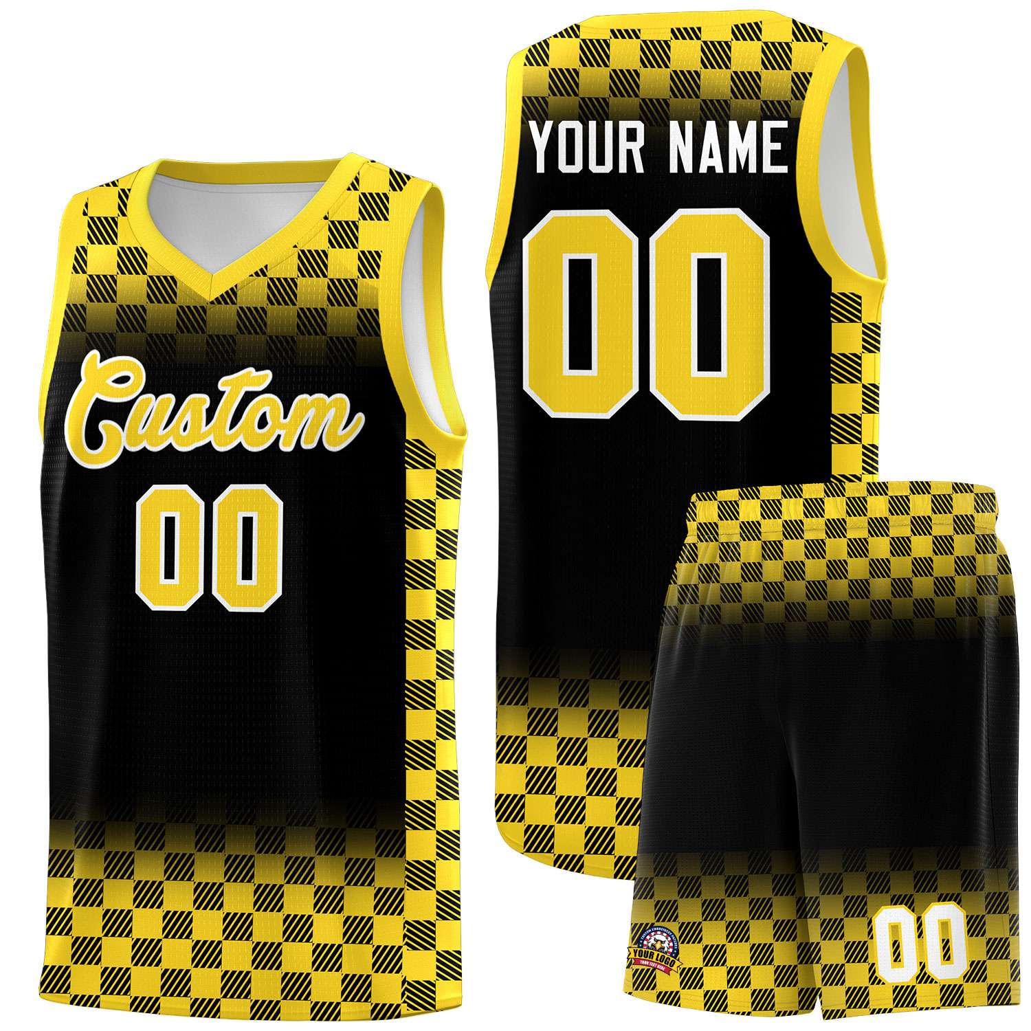 Custom Black Gold Classic Plaid Pattern Sports Uniform Basketball Jersey