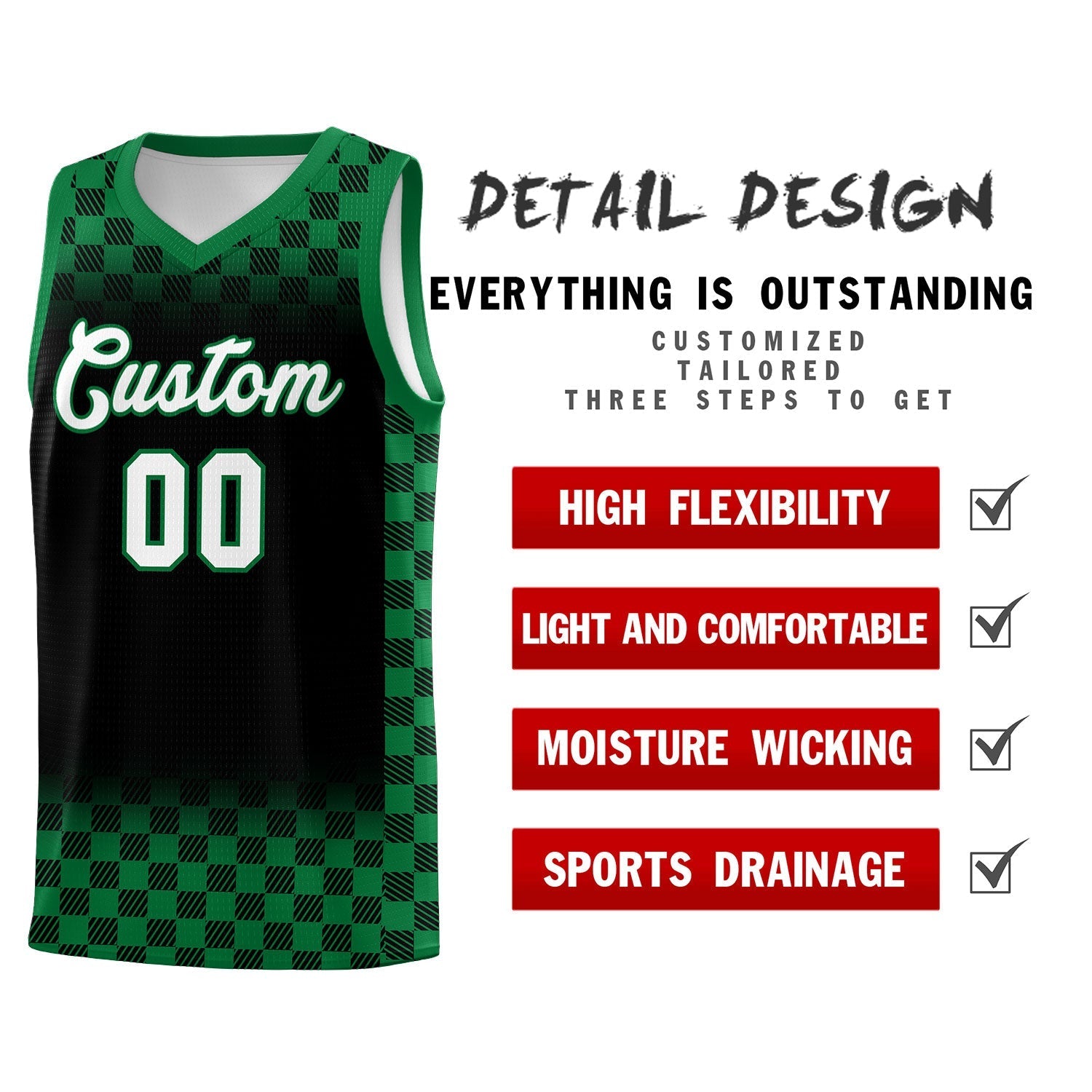 Custom Black Kelly Green Classic Plaid Pattern Sports Uniform Basketball Jersey