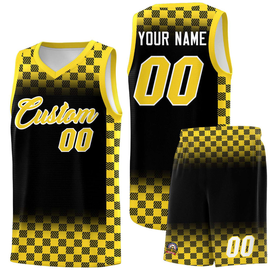 Custom Black Gold Classic Plaid Pattern Sports Uniform Basketball Jersey